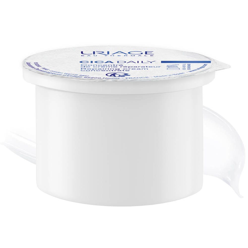 Uriage CICA Daily navulling. Witte verpakking. Tekst en logo. Herstellende crème.