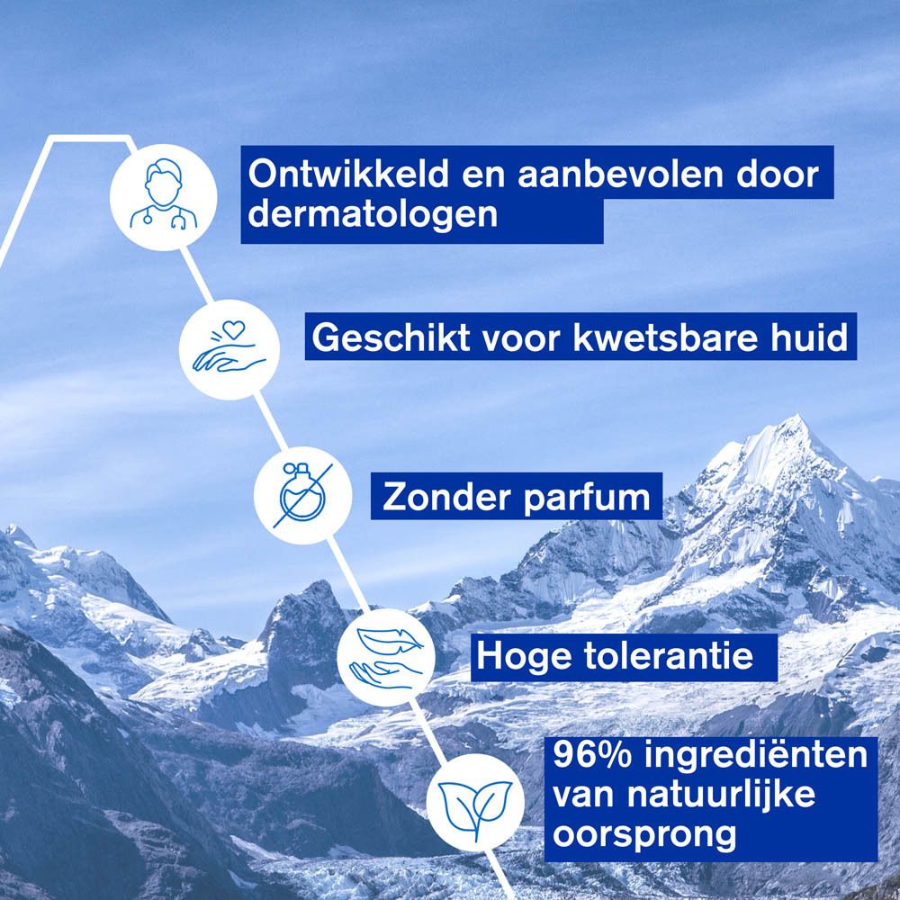 Grafiek met voordelen. Tekst: Ontwikkeld door dermatologen, gevoelige huid, zonder parfum.