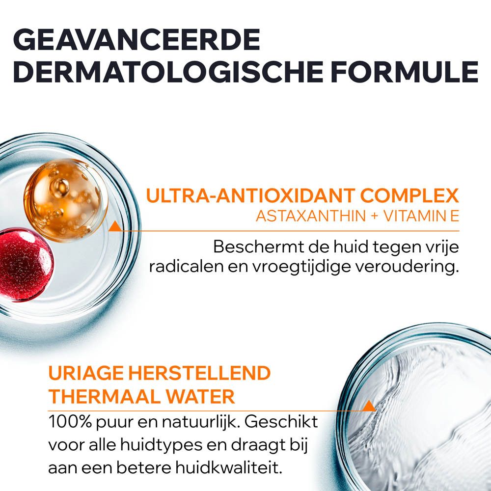 Grafiek met twee containers. Ultra-antioxidanten complex en Uriage thermaal water. Nederlandse tekst.