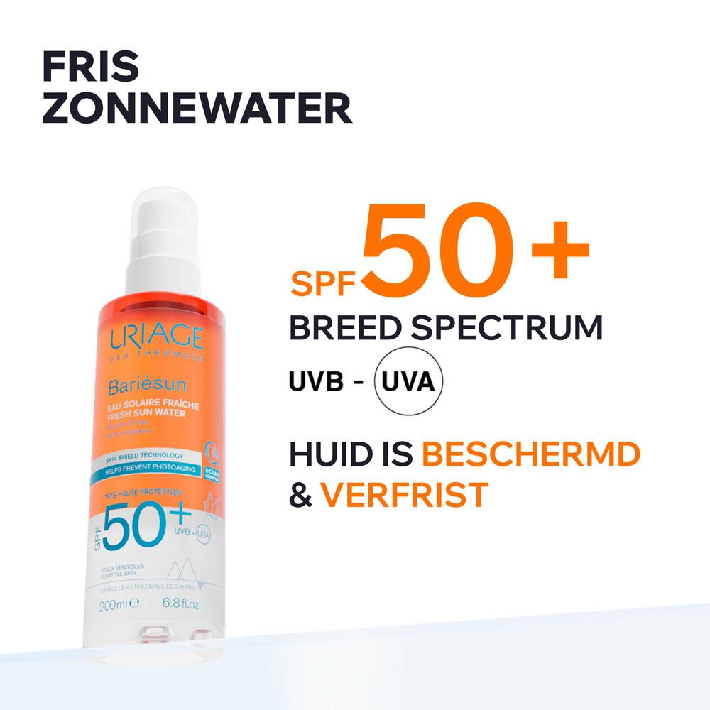 Uriage Bariésun Eau Solaire Fraîche SPF50+ spray. Tekst: SPF 50+, Breed spectrum, Huid is beschermd & verfrist.