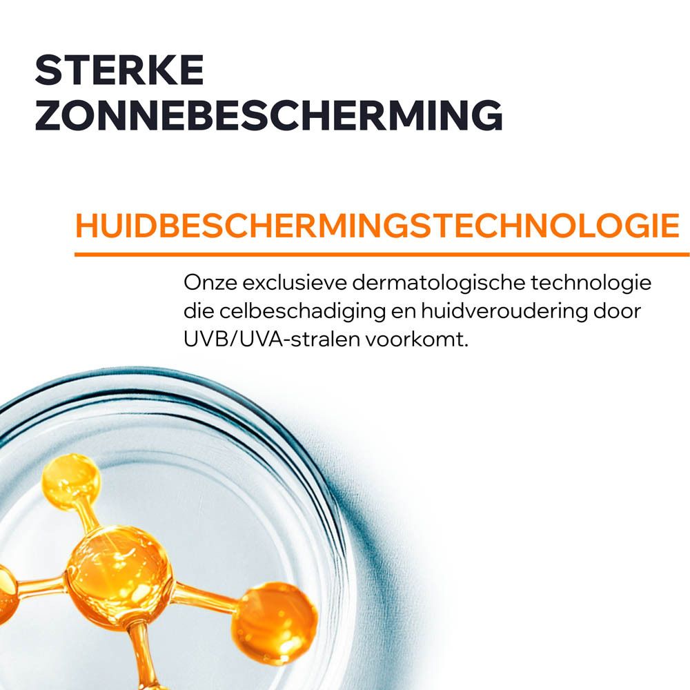 Grafiek met een vloeistof in een container. Tekst: Huidbeschermingstechnologie. Nederlandse tekst.