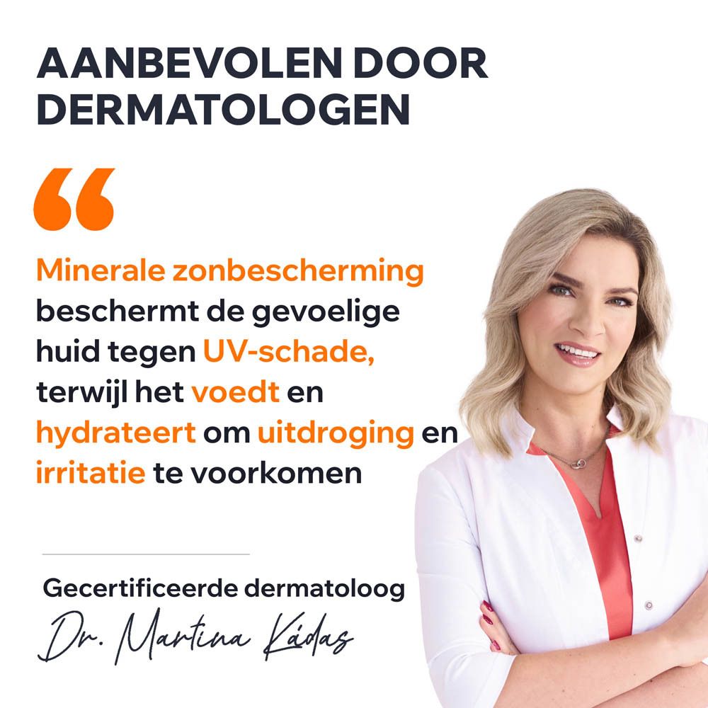 Vrouw in witte jas. Tekst: Aanbevolen door dermatologen. Nederlandse tekst.