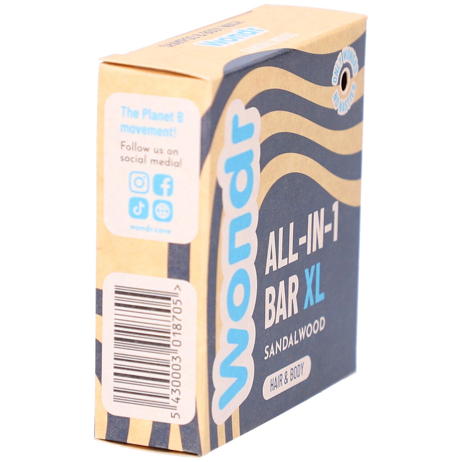 Boîte en carton, vue latérale. Inscription : Wondr, ALL-IN-1 BAR XL, Sandalwood, Hair & Body. Code-barres et icônes réseaux sociaux.