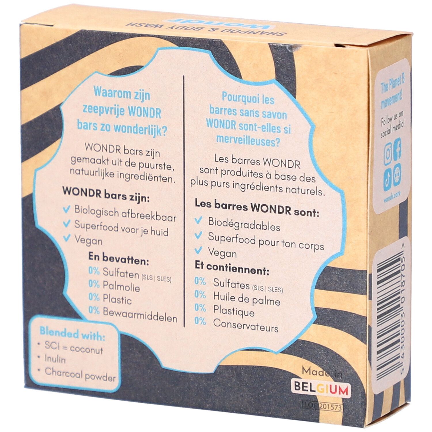 Dos de la boîte en carton. Texte en allemand et français. Contient des informations sur les ingrédients et les avantages.