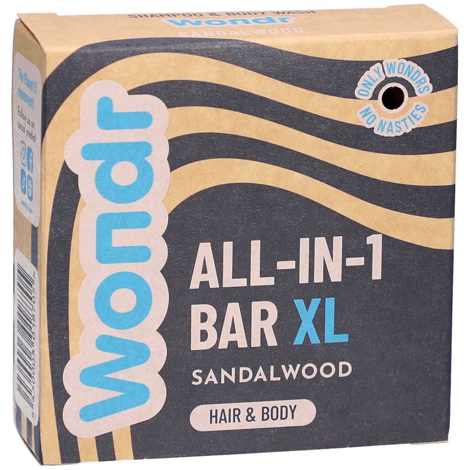 Boîte en carton. Inscription : Wondr, ALL-IN-1 BAR XL, Sandalwood, Hair & Body. Motif vagues et logo.
