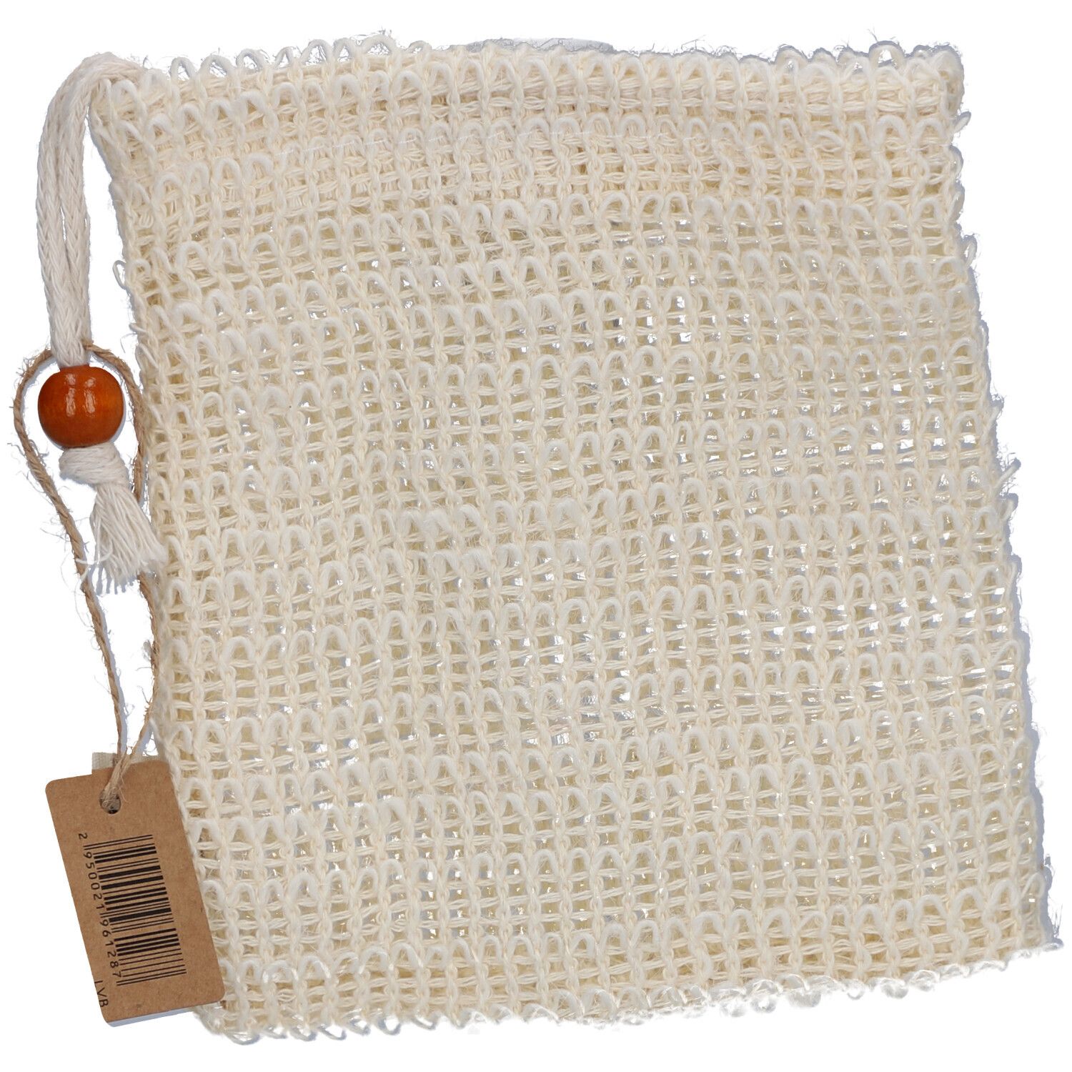 Pochette de lavage beige en coton de bambou, cordon de serrage, perle en bois. Rectangulaire, avec étiquette.
