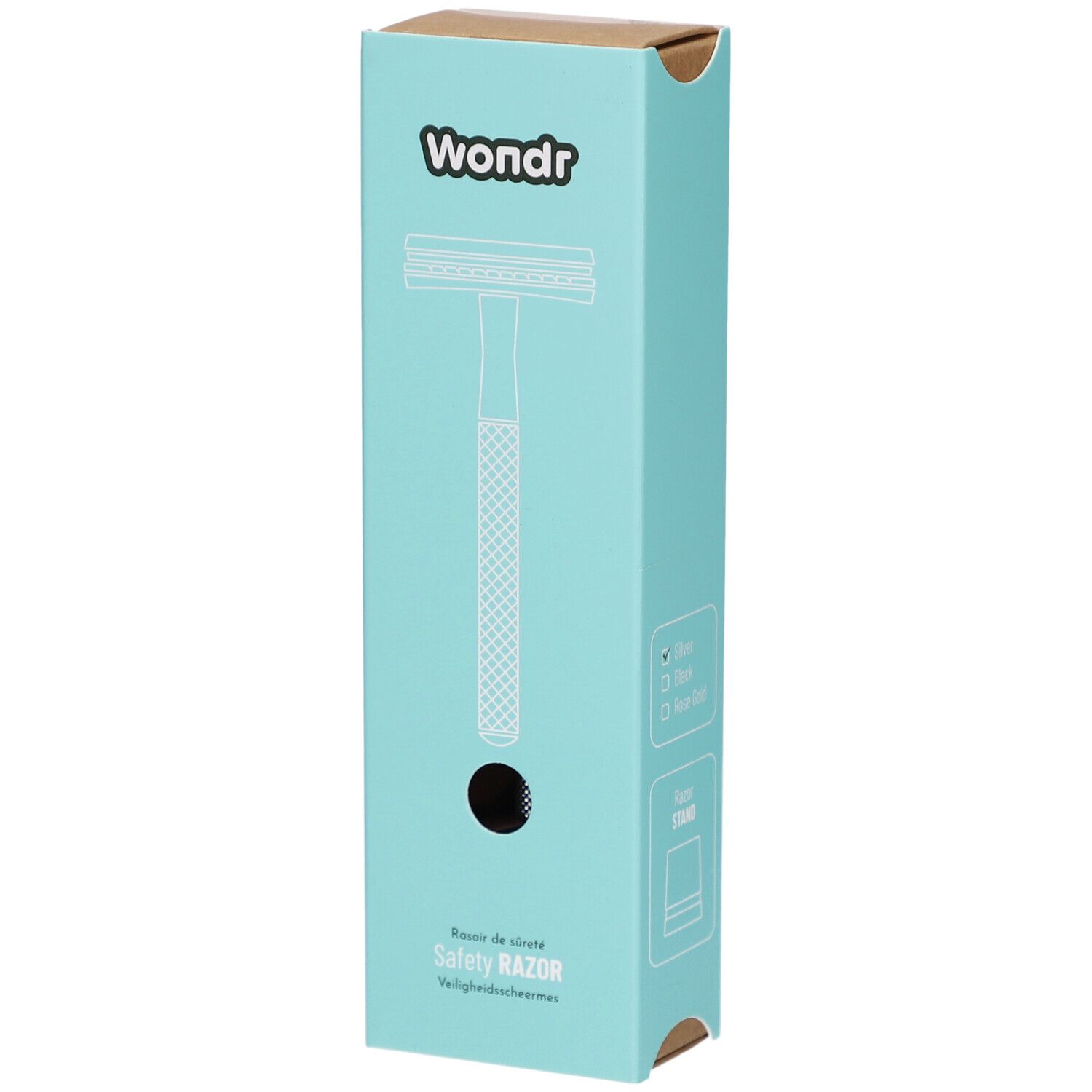 Boîte turquoise avec illustration de rasoir. "Wondr" en haut, "Safety Razor" en bas.