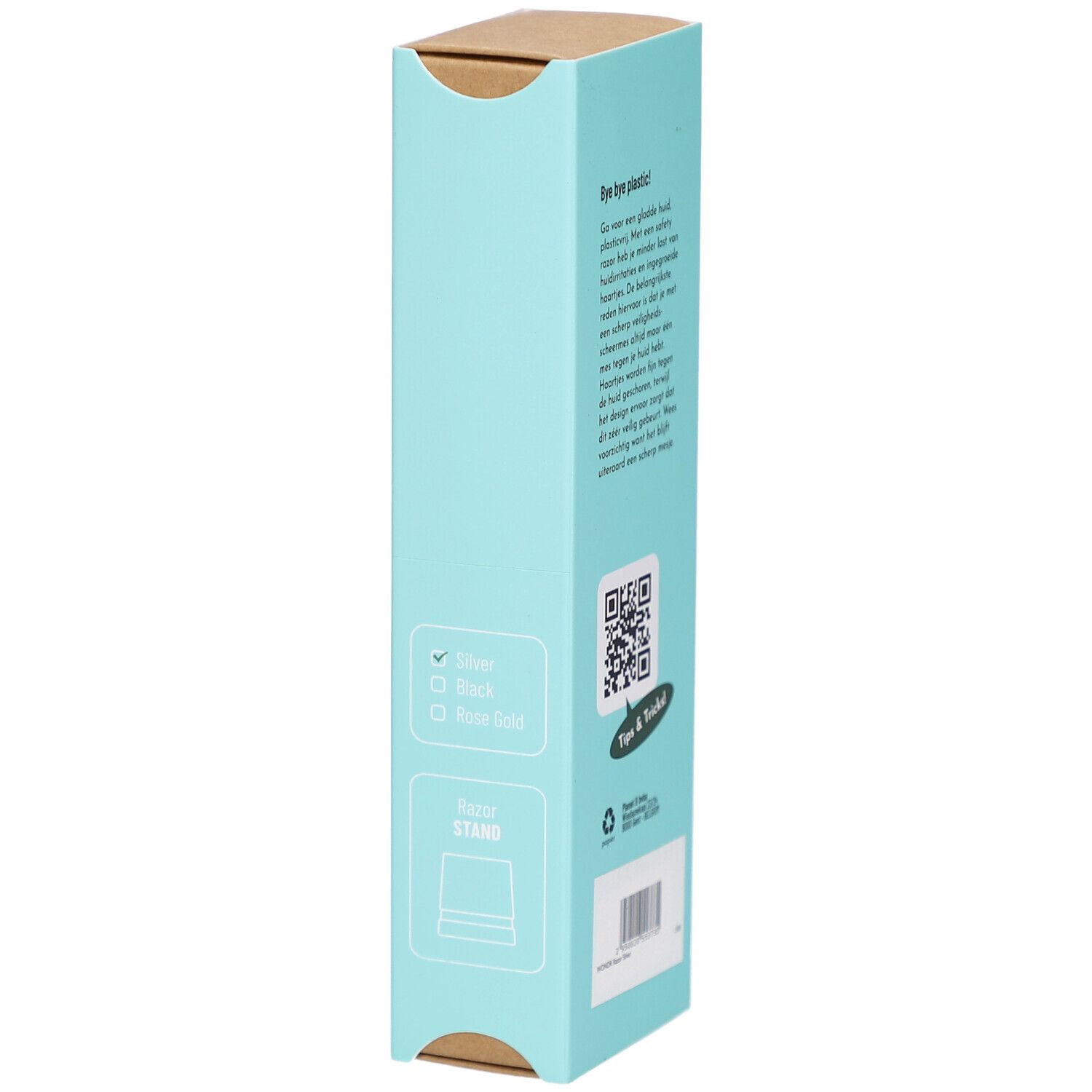 Dos de la boîte turquoise. Texte, code QR et options. Symbole de recyclage.