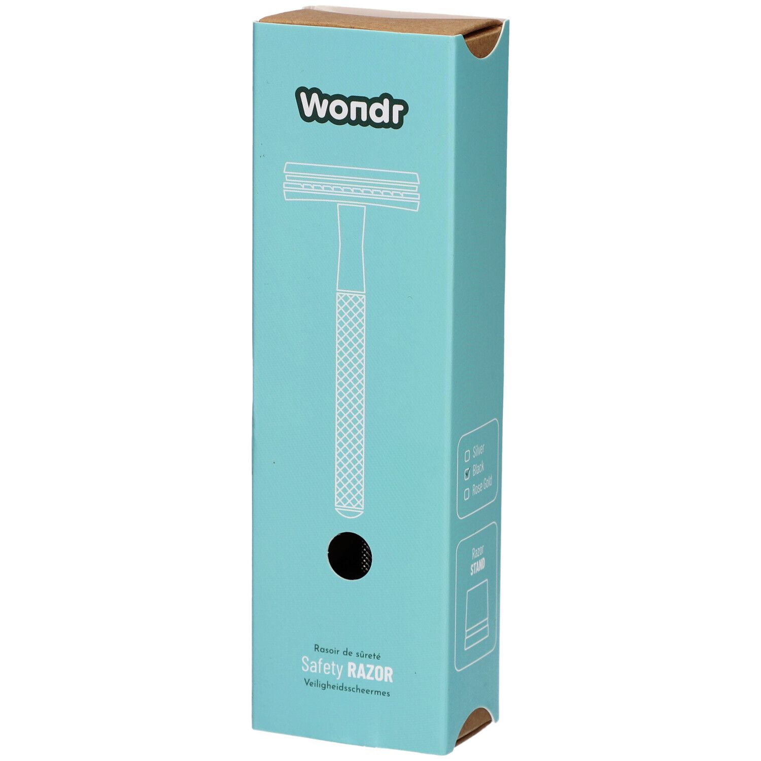 Turquoise verpakking met scheermes illustratie. Merk: Wondr. Tekst: Safety Razor. Zwart gat.