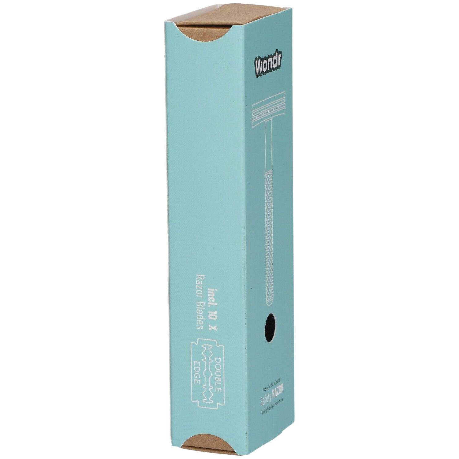 Hoge, turquoise verpakking. Merk: Wondr. Illustratie van een scheermes. Tekst: Double Edge Razor Blades.
