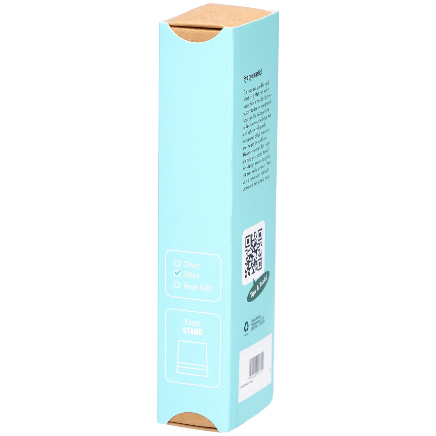 Achterkant van de turquoise verpakking. Tekst en QR-code. Tekst: Steel, Black, Hard Gold. Tips & Tricks.