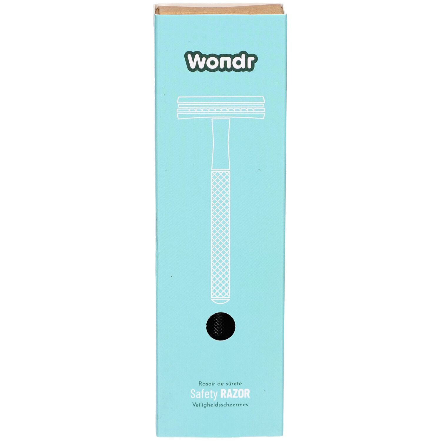 Turquoise verpakking met scheermes illustratie. Merk: Wondr. Tekst: Safety Razor. Zwart gat.