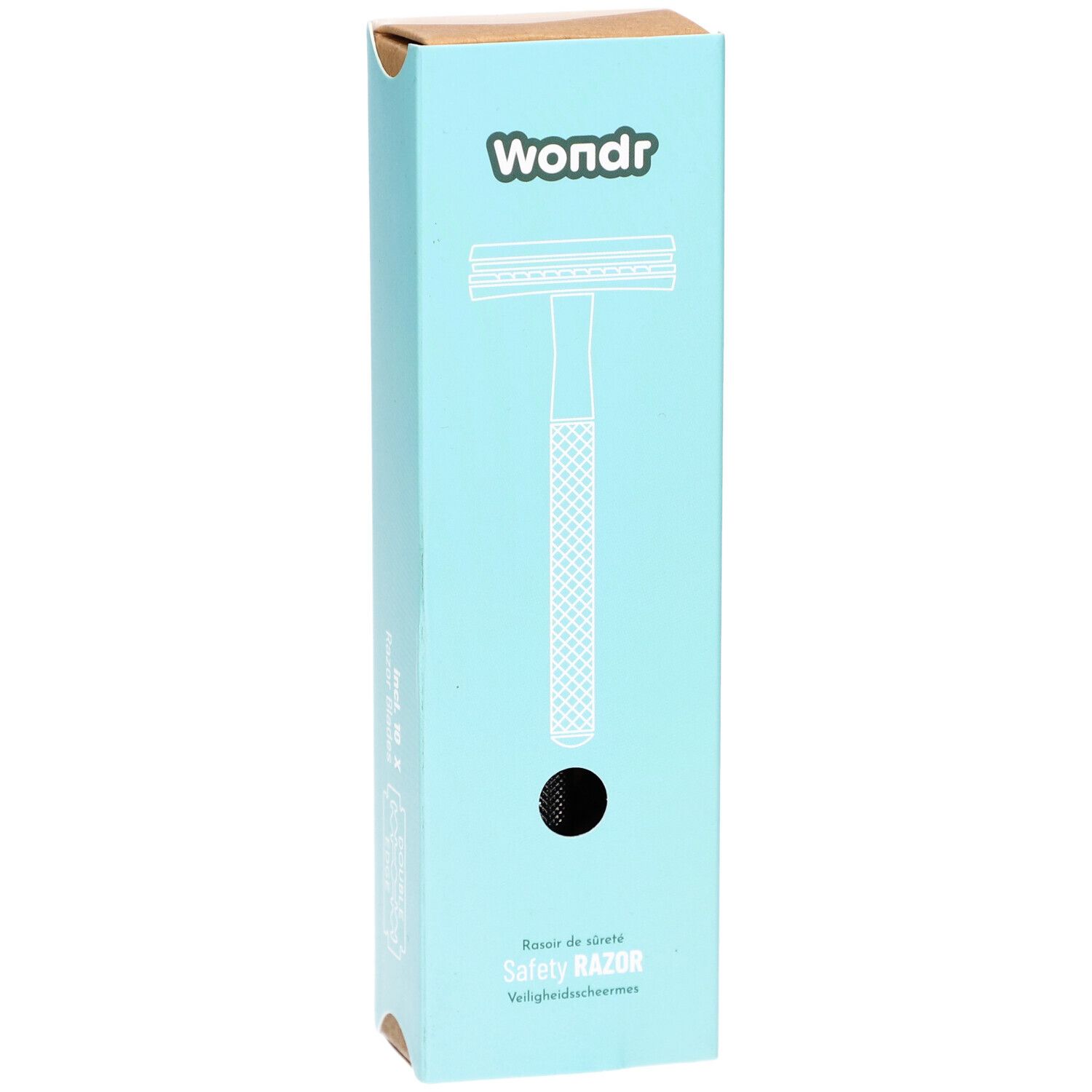 Turquoise verpakking met scheermes illustratie. Merk: Wondr. Tekst: Safety Razor. Zwart gat.
