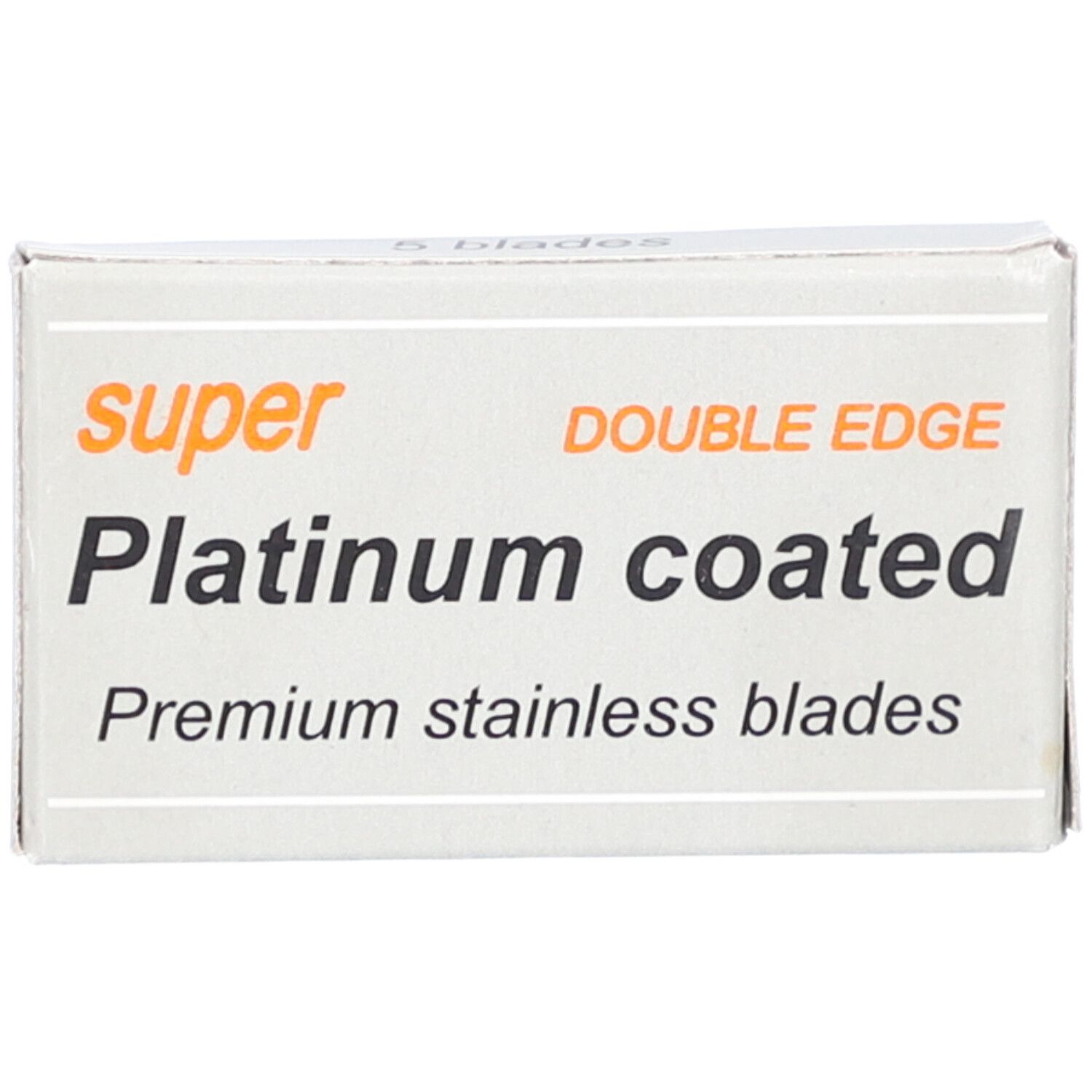 Verpakking met scheermesjes. Opschrift: "super", "DOUBLE EDGE", "Platinum coated", "Premium stainless blades".