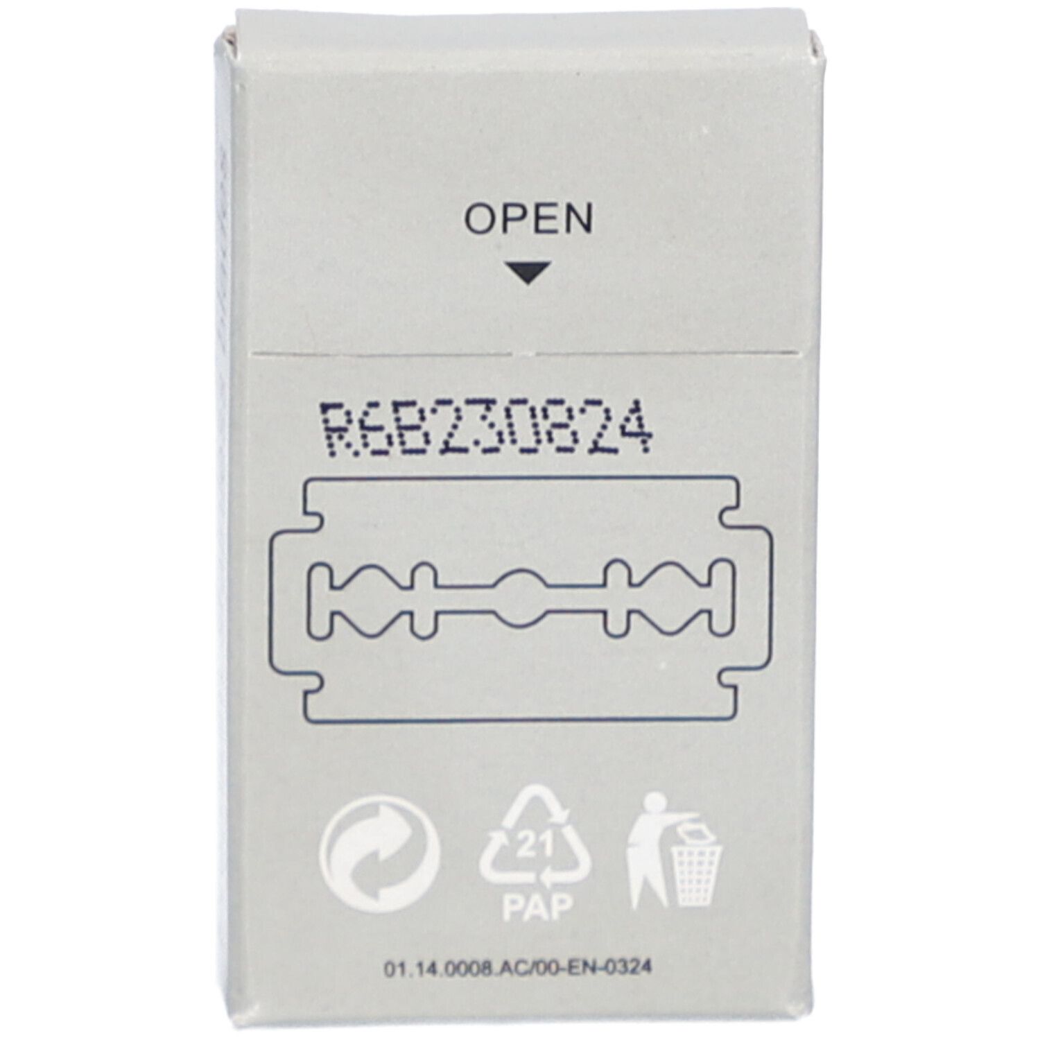 Achterkant van de scheermesjesverpakking. Met opschrift "OPEN" en pictogrammen.