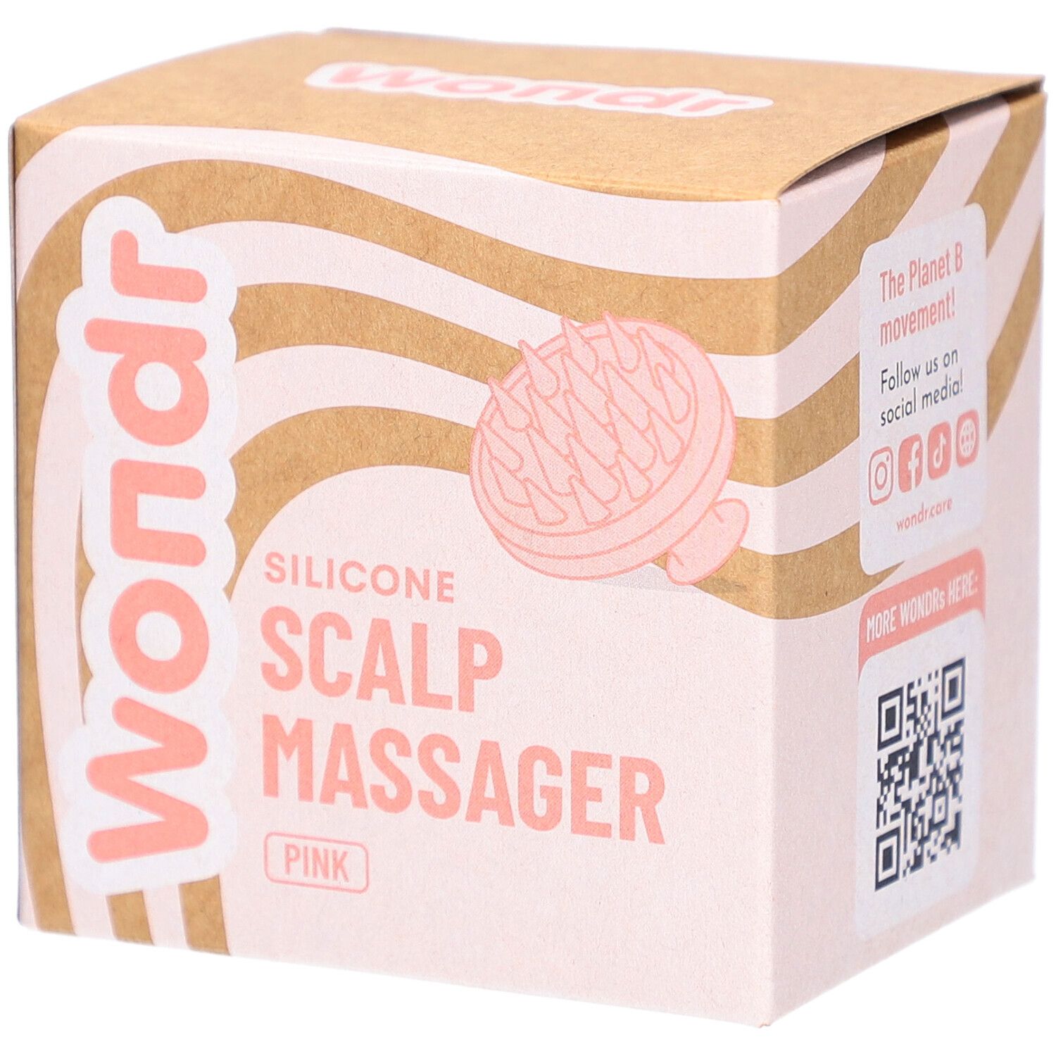 Boîte en carton avec illustration du produit. Inscription : Wondr, Silicone Scalp Massager Pink. Code QR et informations réseaux sociaux.