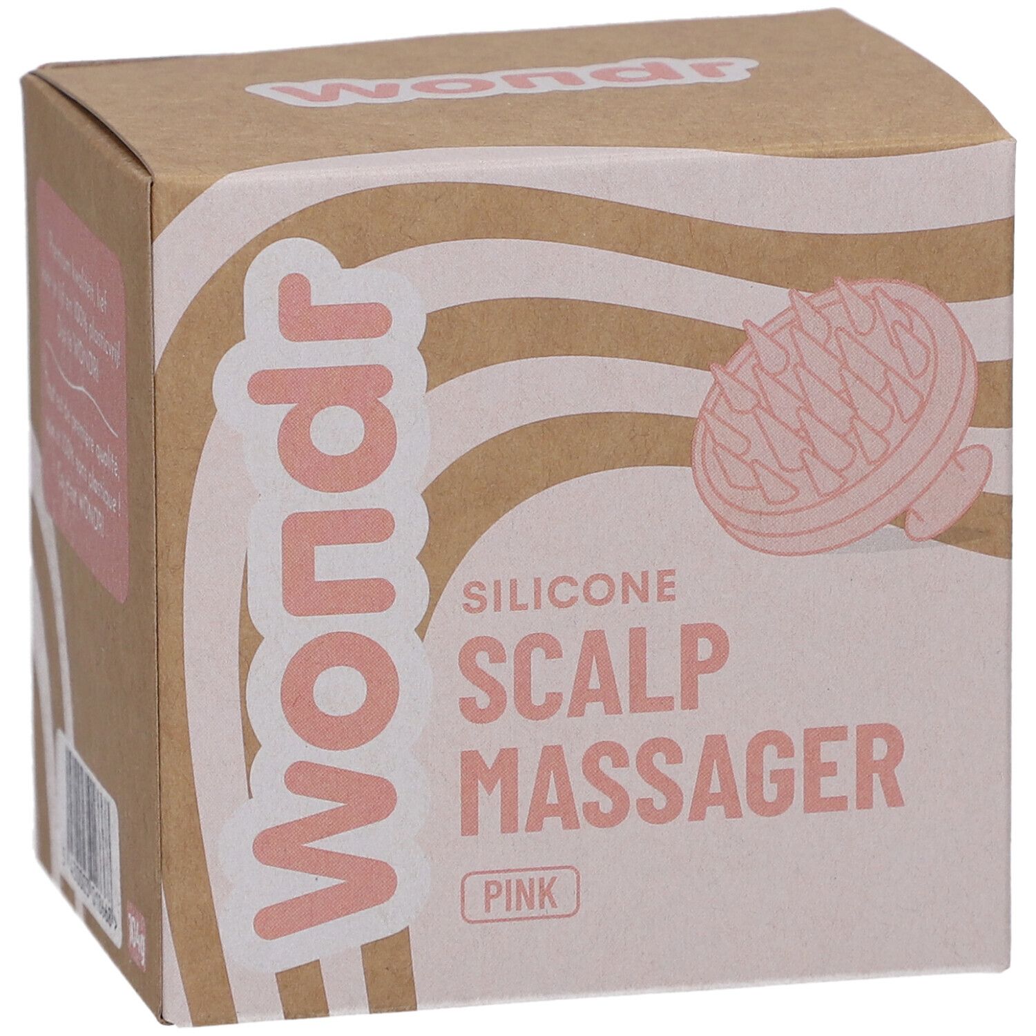 Boîte en carton avec illustration du produit. Inscription : Wondr, Silicone Scalp Massager Pink. Code-barres.