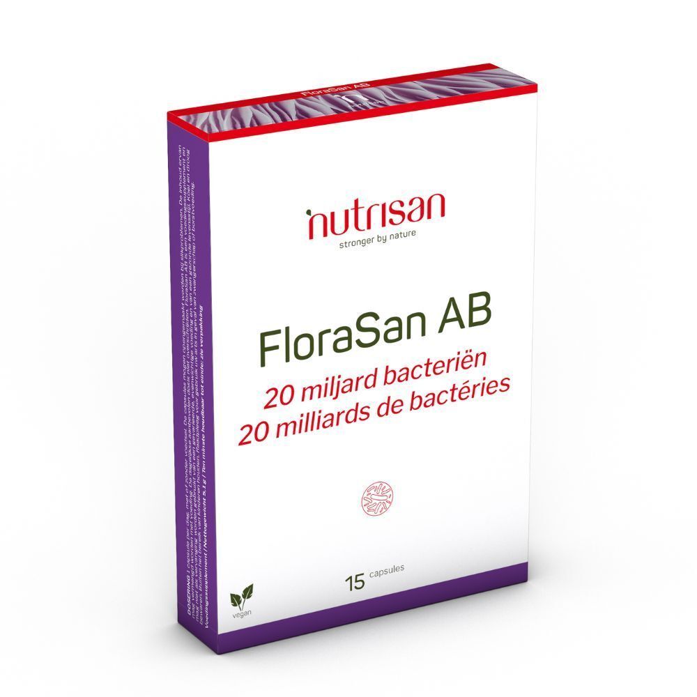 Verpakking van FloraSan AB. Witte doos met paarse accenten. Bevat 15 capsules. Veganistisch logo.