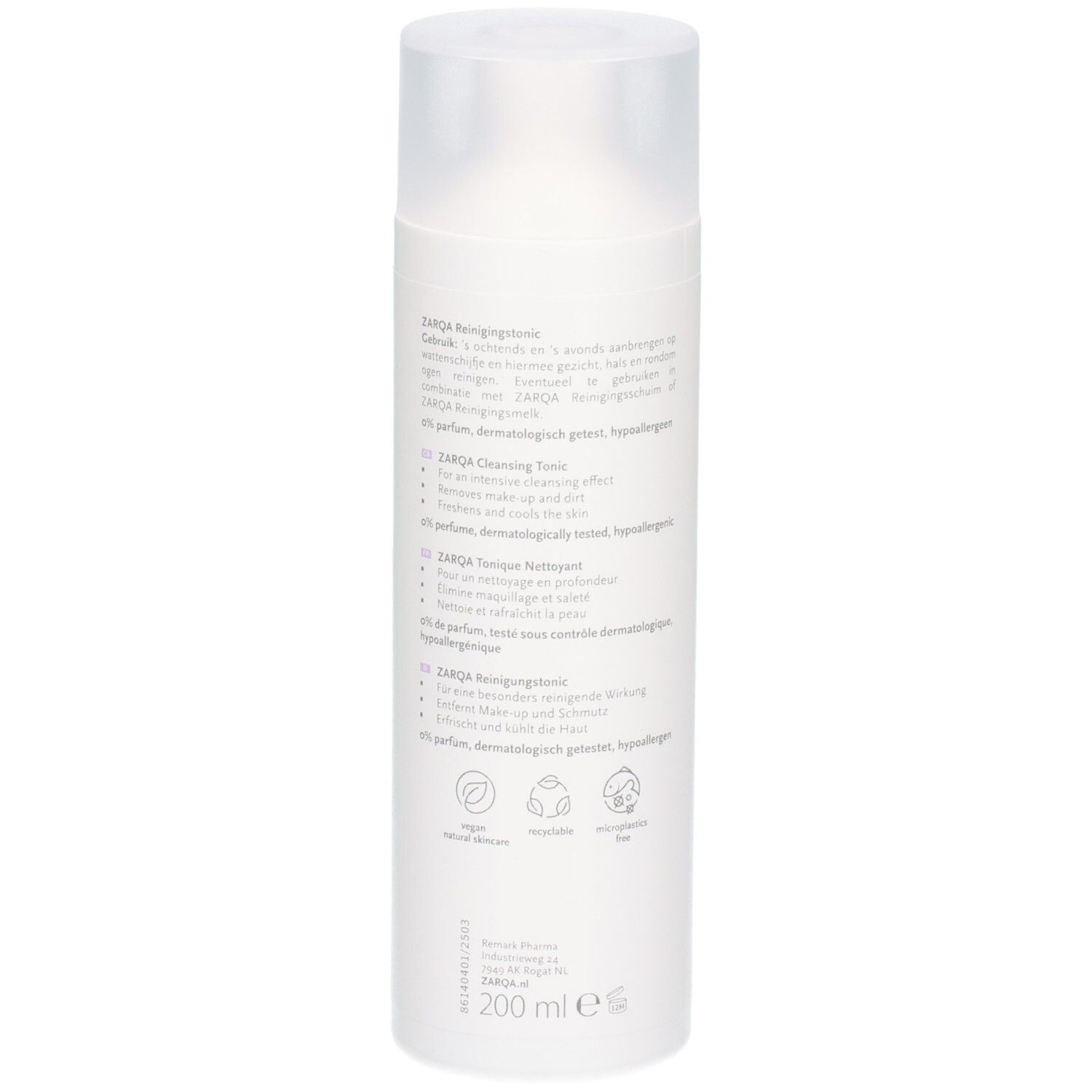 Arrière d'une bouteille Zarqa Reinigingstonic avec informations produit et certifications.