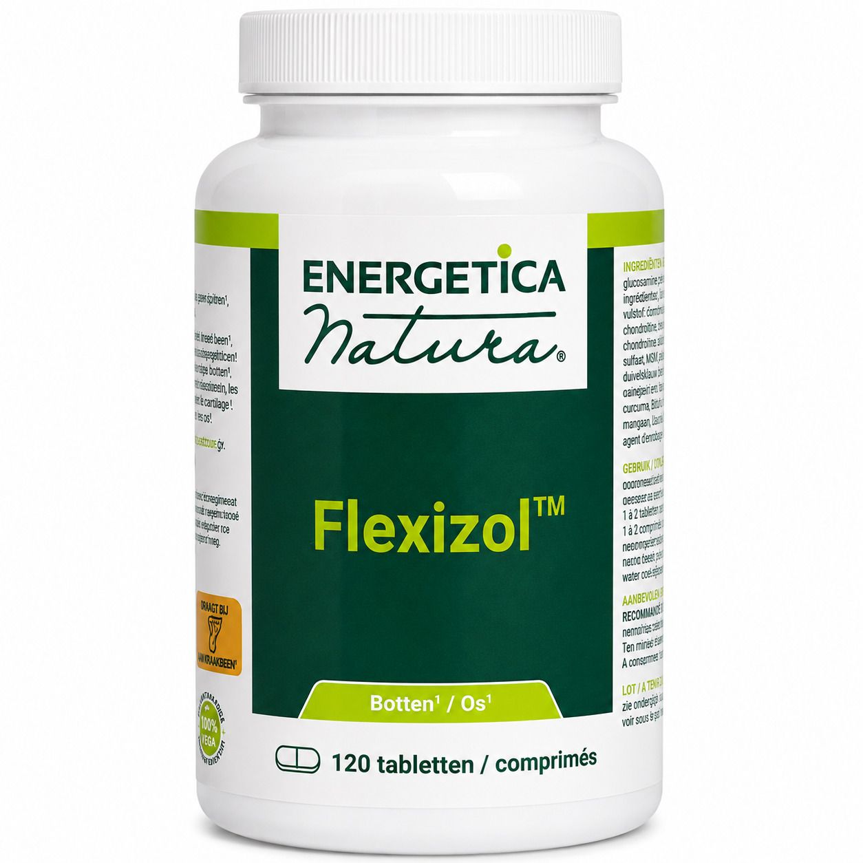 Witte fles Energetica Natura Flexizol, 120 tabletten/comprimés. Groene band met productnaam.