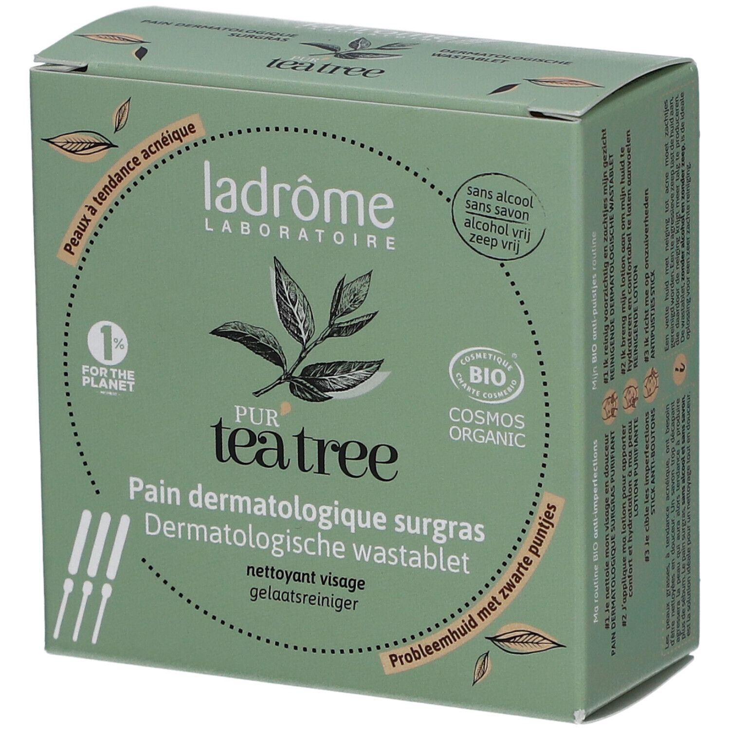 Groene doos met productnaam en logo. Tekst: Pur Tea Tree, Pain Dermatologique surgras, Dermatologische wastablet.