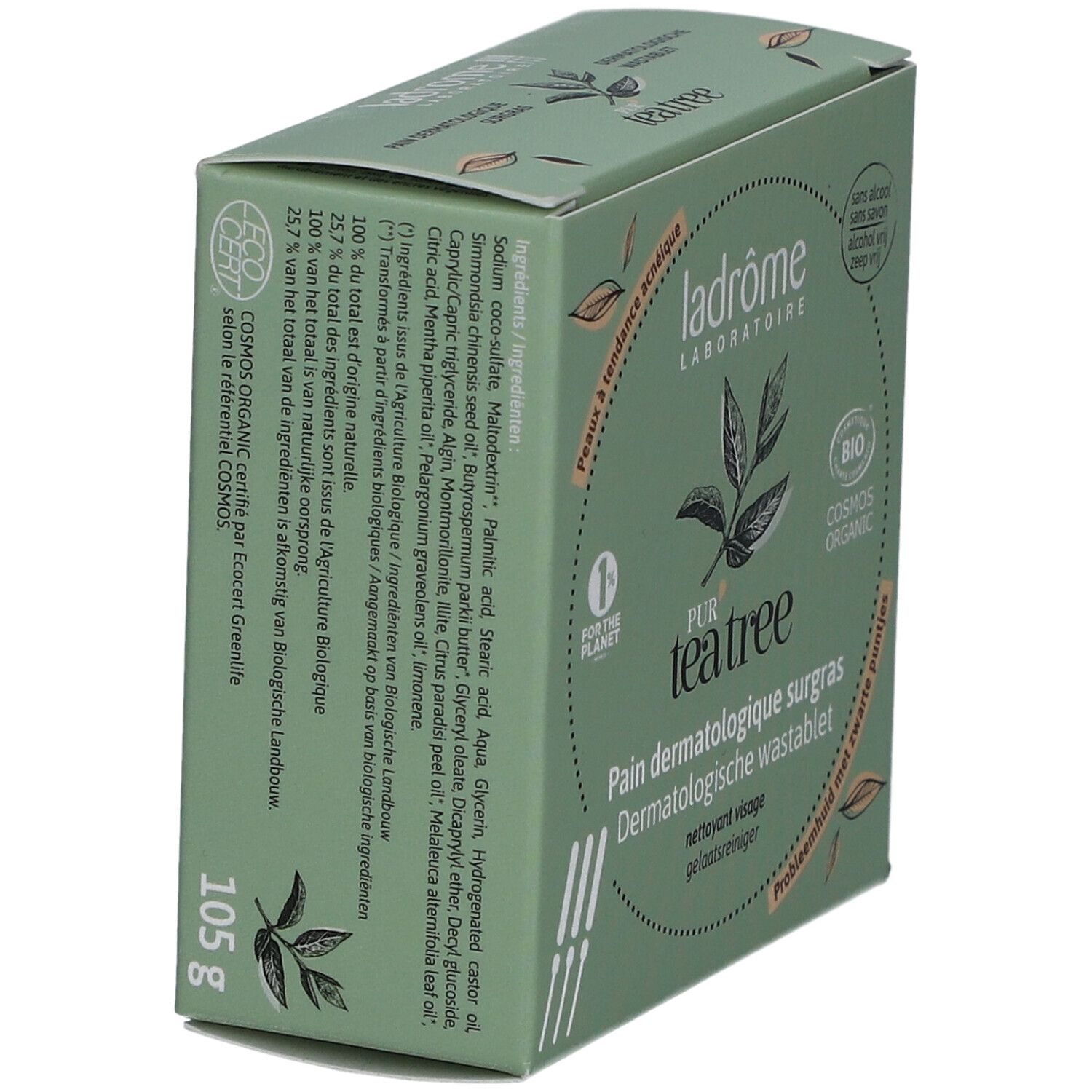 Groene doos, productnaam en logo. Tekst: Pur Tea Tree, Pain Dermatologique surgras, Dermatologische wastablet. 105g.