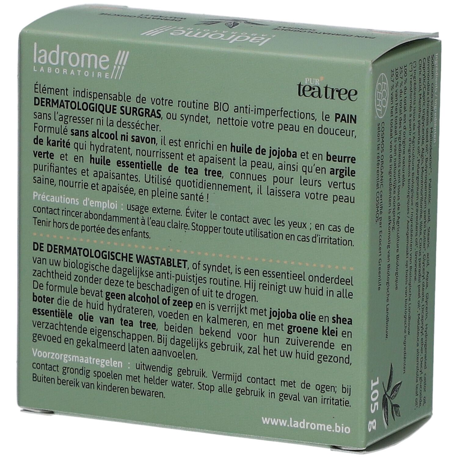 Groene doos, productnaam en logo. Tekst: Pur Tea Tree, Pain Dermatologique surgras, Dermatologische wastablet. 105g.