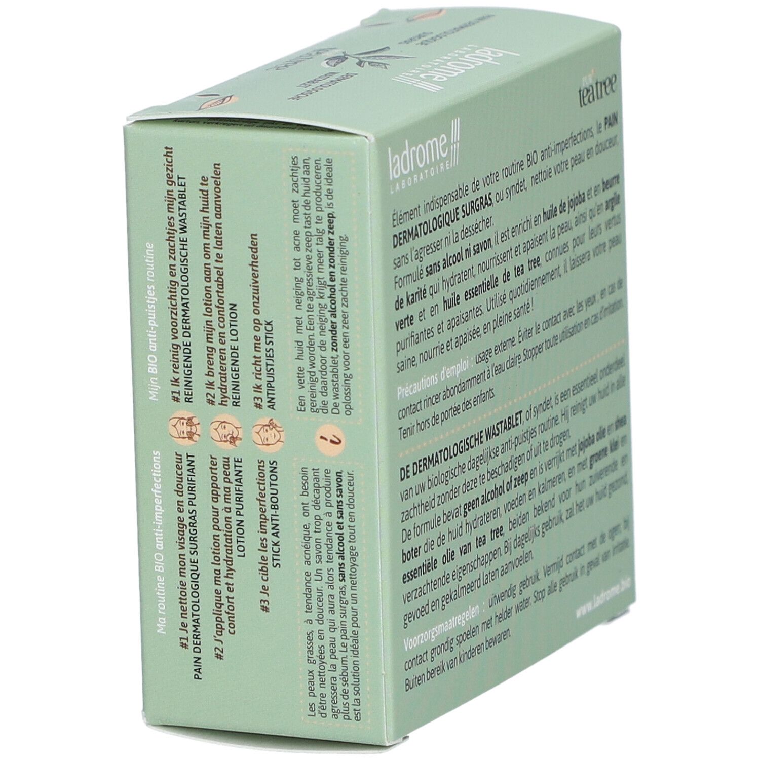 Groene doos, productnaam en logo. Tekst: Pur Tea Tree, Pain Dermatologique surgras, Dermatologische wastablet.
