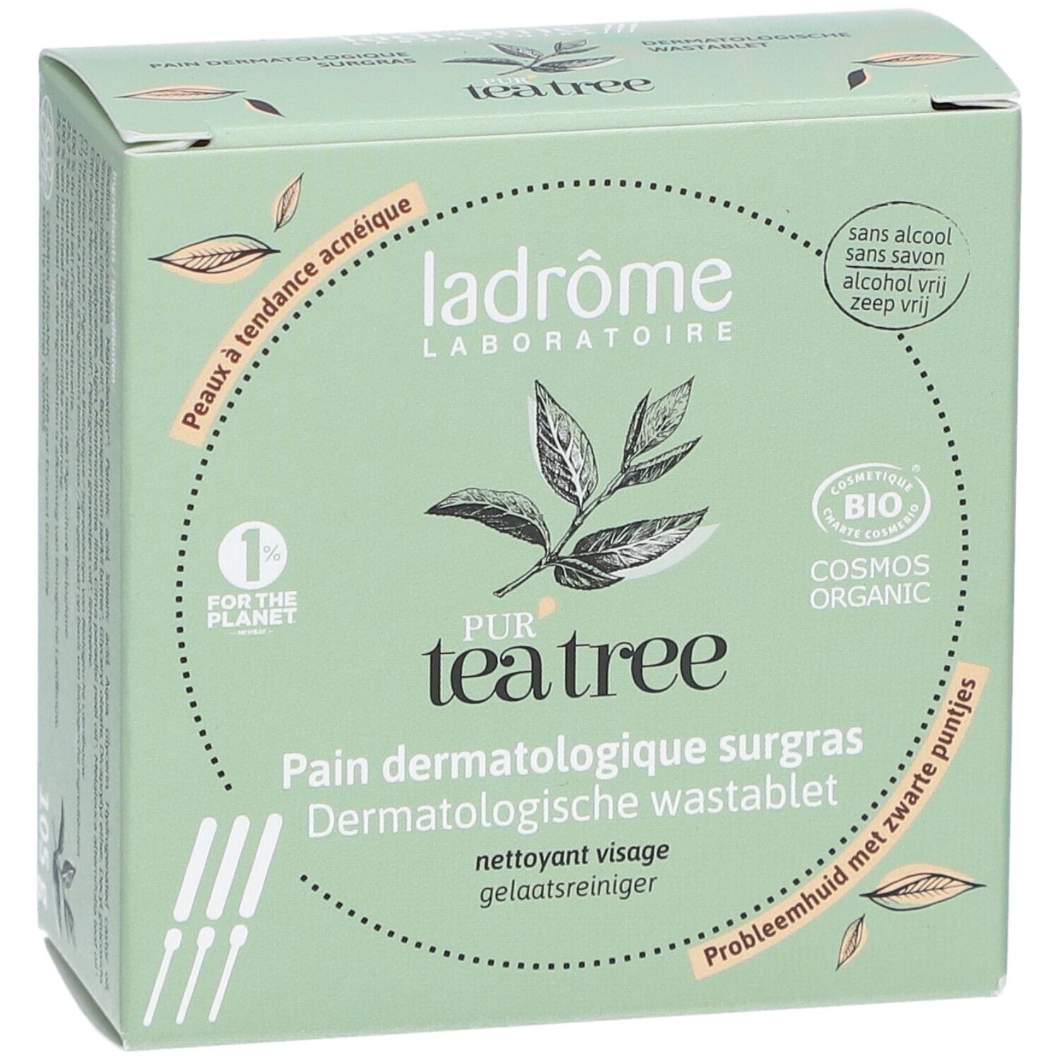Groene doos met productnaam en logo. Tekst: Pur Tea Tree, Pain Dermatologique surgras, Dermatologische wastablet.