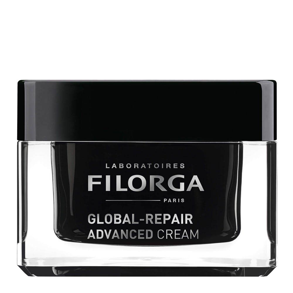 Filorga Global-Repair Advanced Cream. Zwarte pot met crème. Glazen pot.