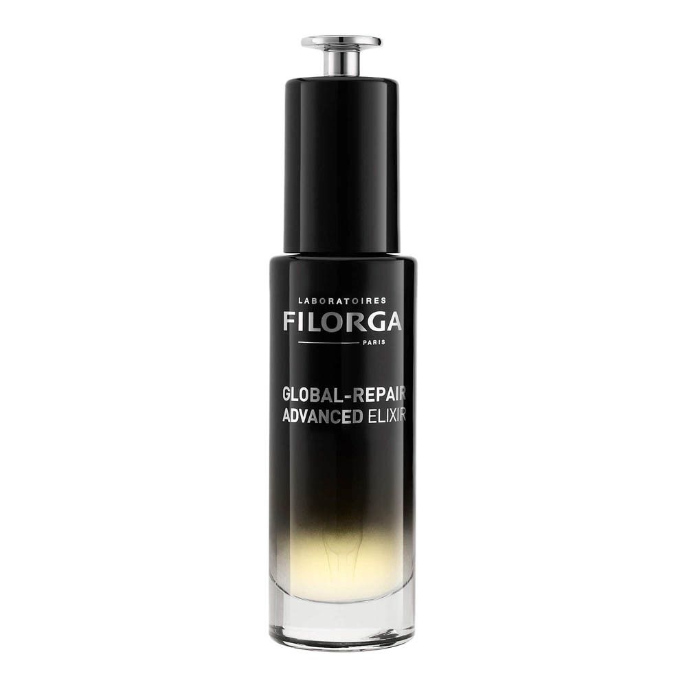 Filorga Global-Repair Advanced Elixir fles. Zwarte fles met zilveren dop. Productnaam en logo zichtbaar.