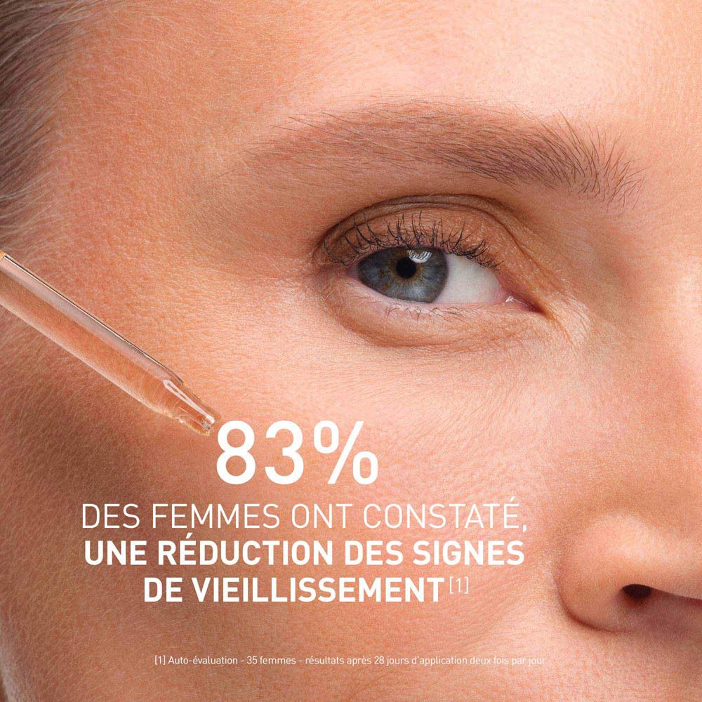 Visage avec goutte. Texte: 83% des femmes ont constaté une réduction des signes de vieillissement.