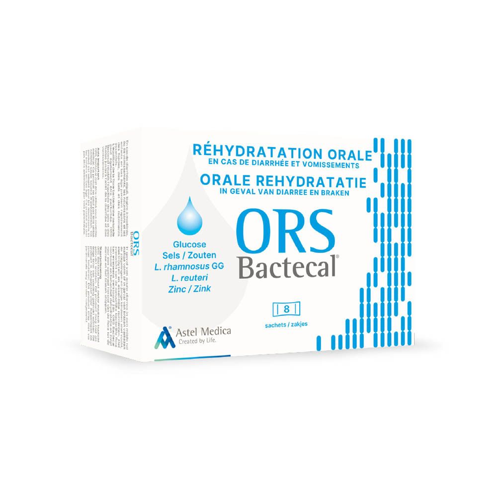 Verpakking Bactecal ORS, 8 zakjes. Orale rehydratatieoplossing bij diarree en braken.