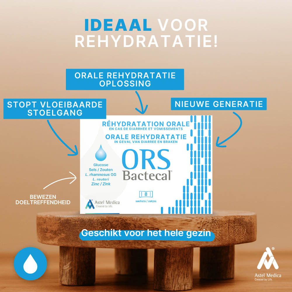 Zijaanzicht van de Bactecal ORS verpakking met voedingswaarde en ingrediënten.