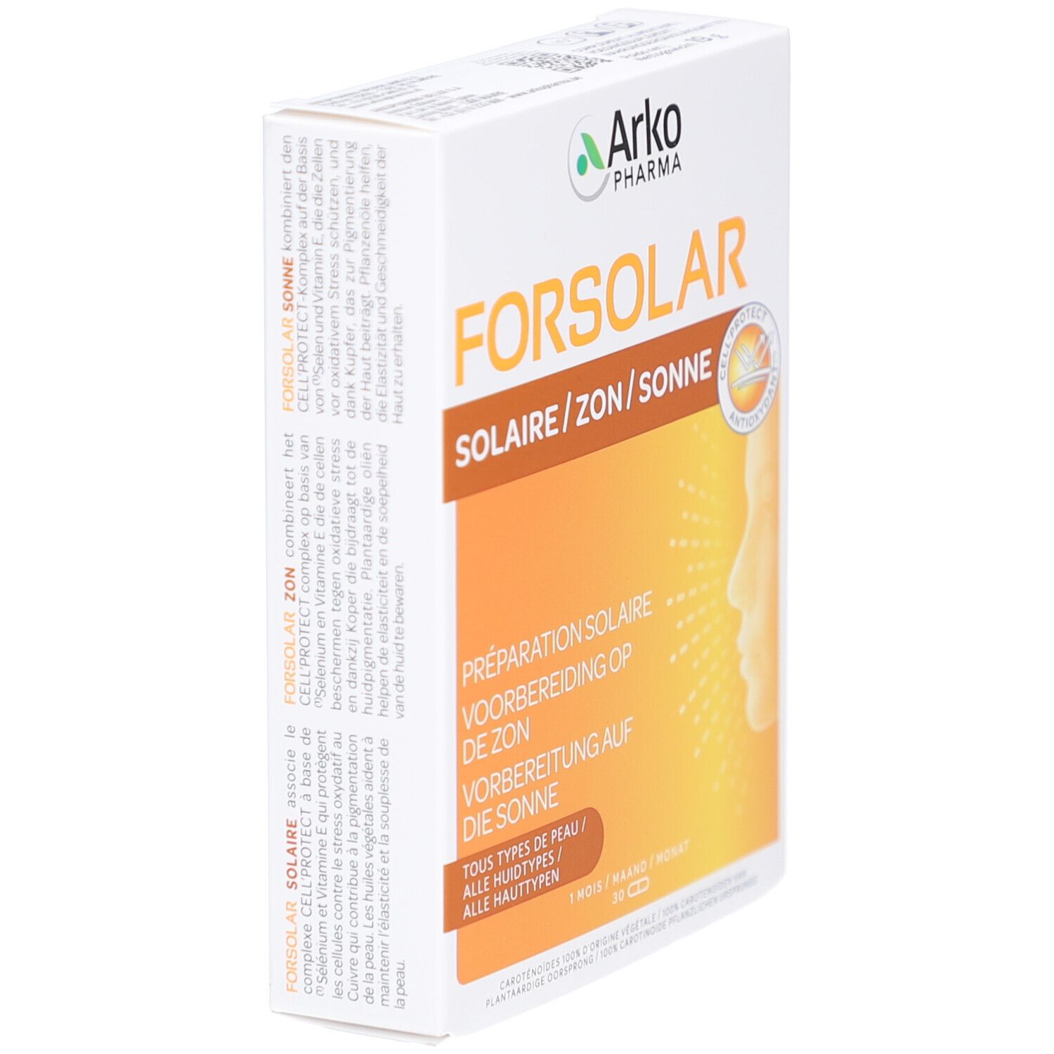 FORSOLAR doos, schuin. Tekst in het Frans, Nederlands en Duits. Logo Arkopharma. Illustratie van een gezicht.