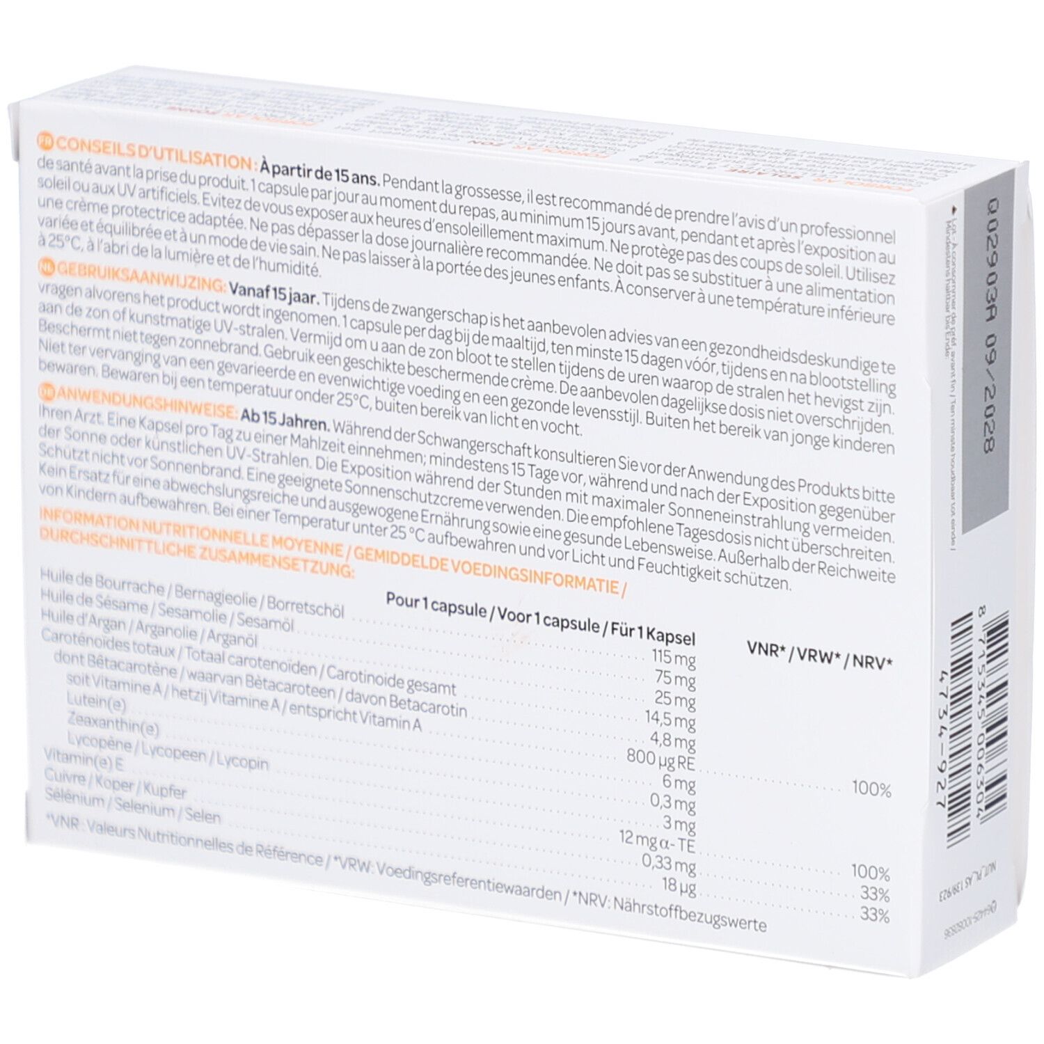 Achterkant van de FORSOLAR doos. Meertalige tekst. Voedingswaarde-informatie en ingrediënten.