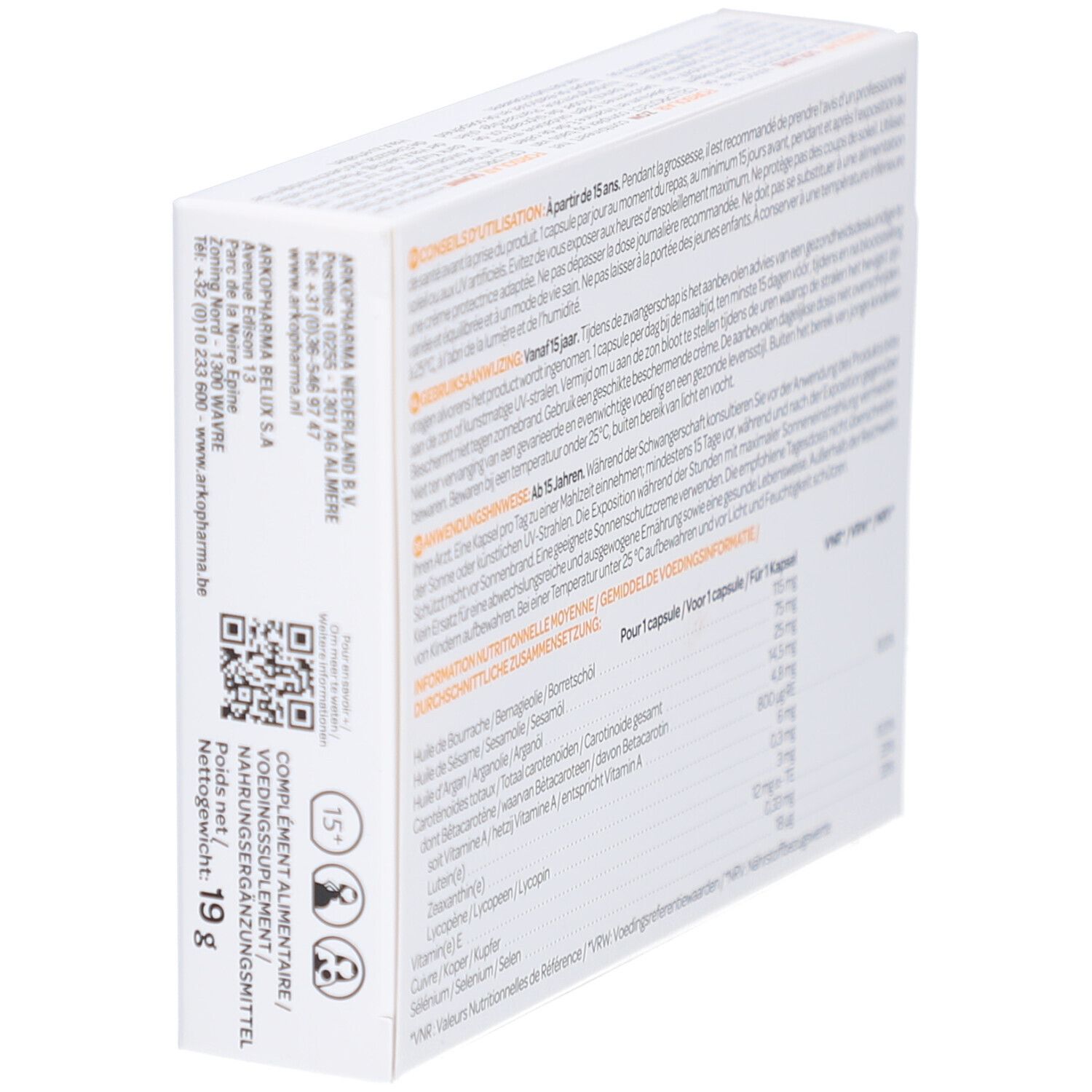 Zijkant van de FORSOLAR doos. Tekst, QR-code en voedingswaarde-informatie. Gewicht: 19g.