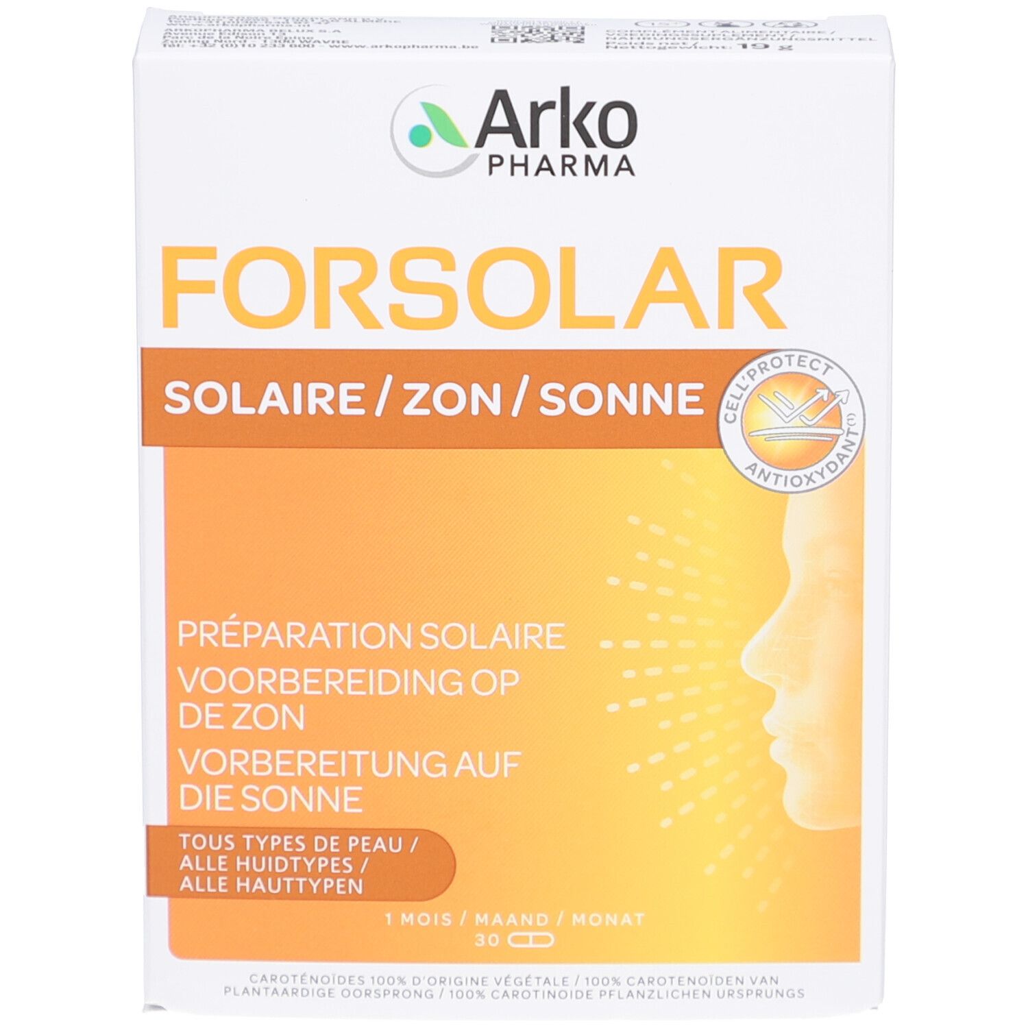 FORSOLAR doos. Tekst in het Frans, Nederlands en Duits. Logo Arkopharma. 30 capsules.