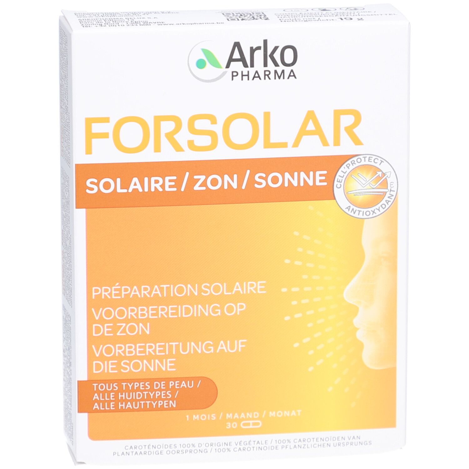 FORSOLAR doos. Tekst in het Frans, Nederlands en Duits. Logo Arkopharma. 30 capsules.
