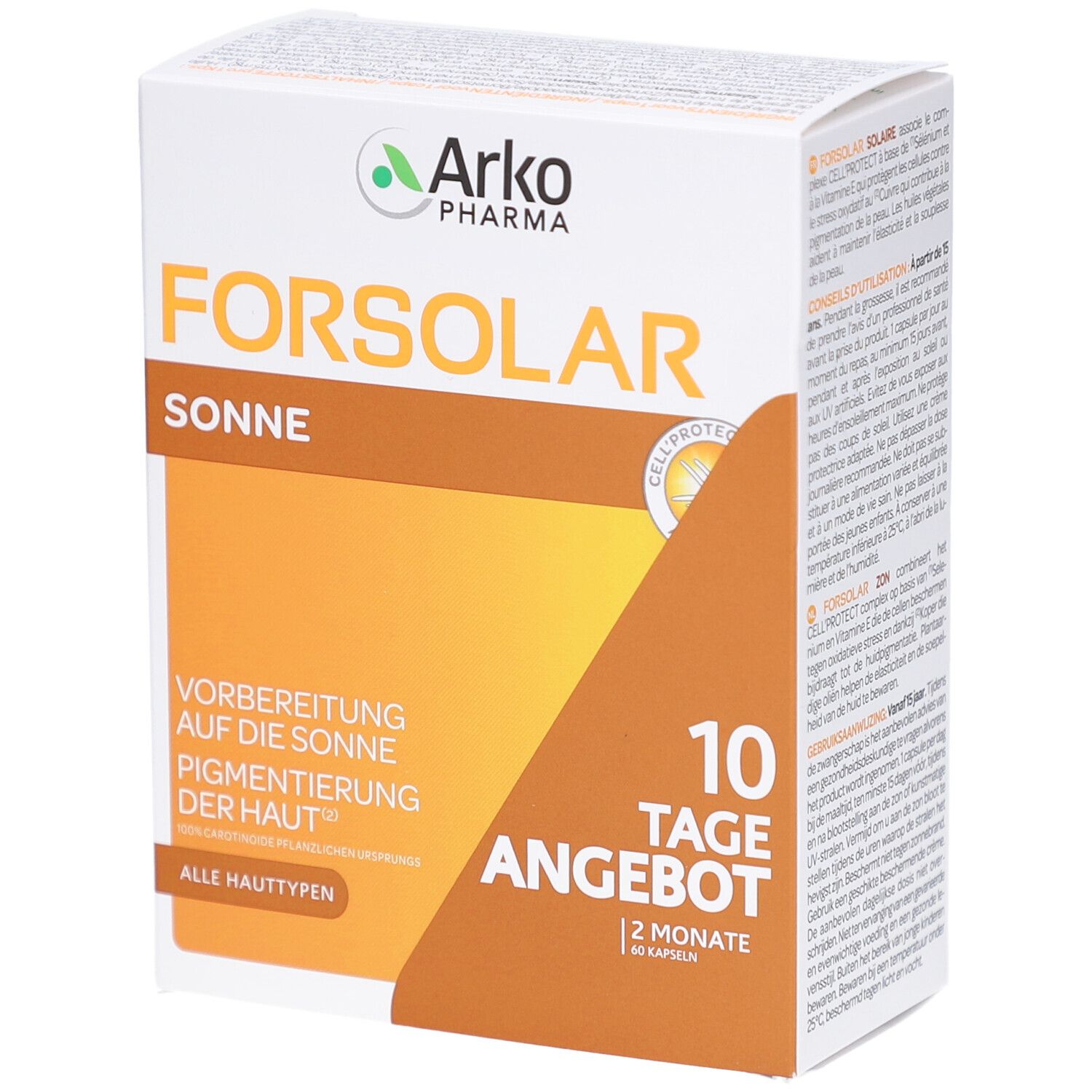 Witte en oranje doos FORSOLAR. Tekst: Zon, Voorbereiding op de zon, 10 dagen aanbieding, 60 capsules. Merk: Arkopharma.