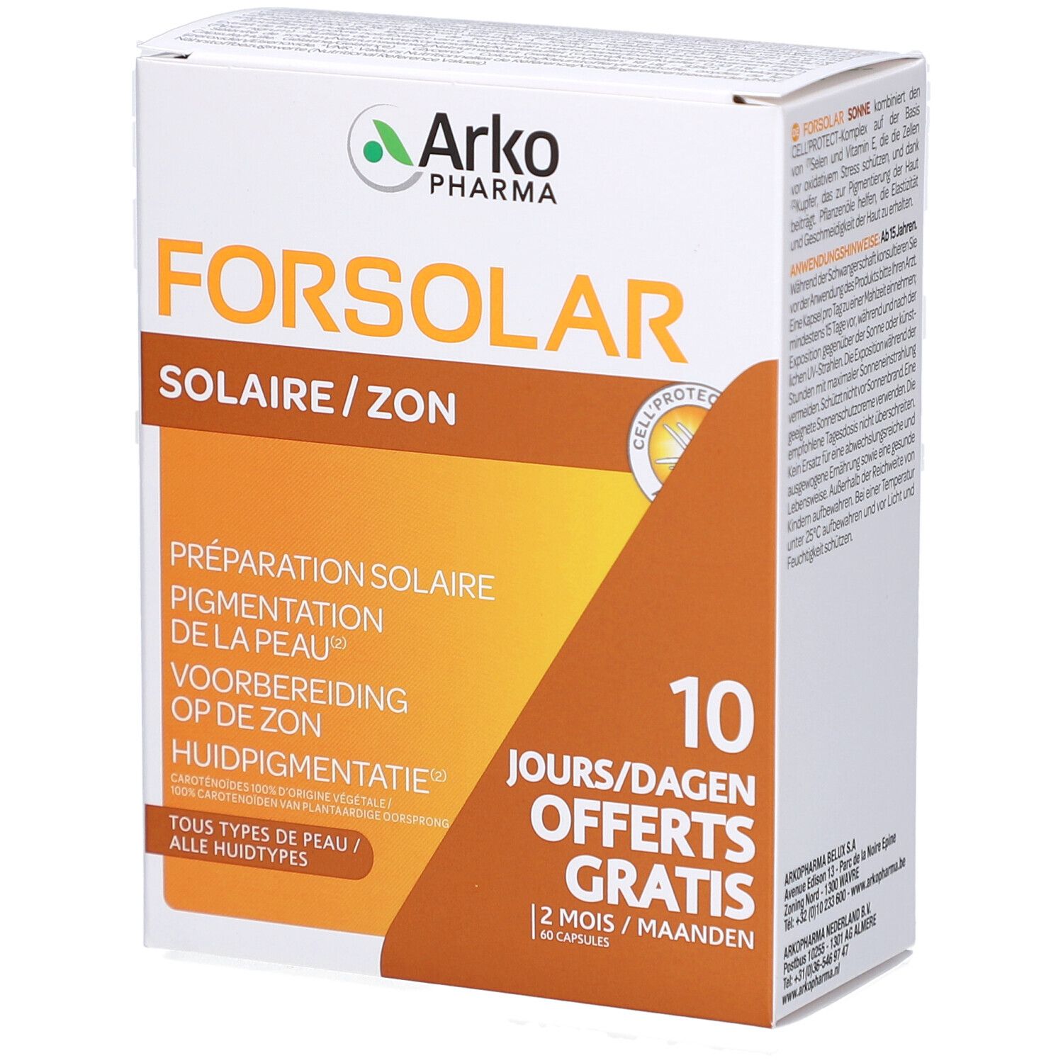 Verpakking FORSOLAR, wit en oranje. Tekst: Solaire/Zon, Voorbereiding, 10 dagen gratis. Merk: Arkopharma. Meertalige tekst.