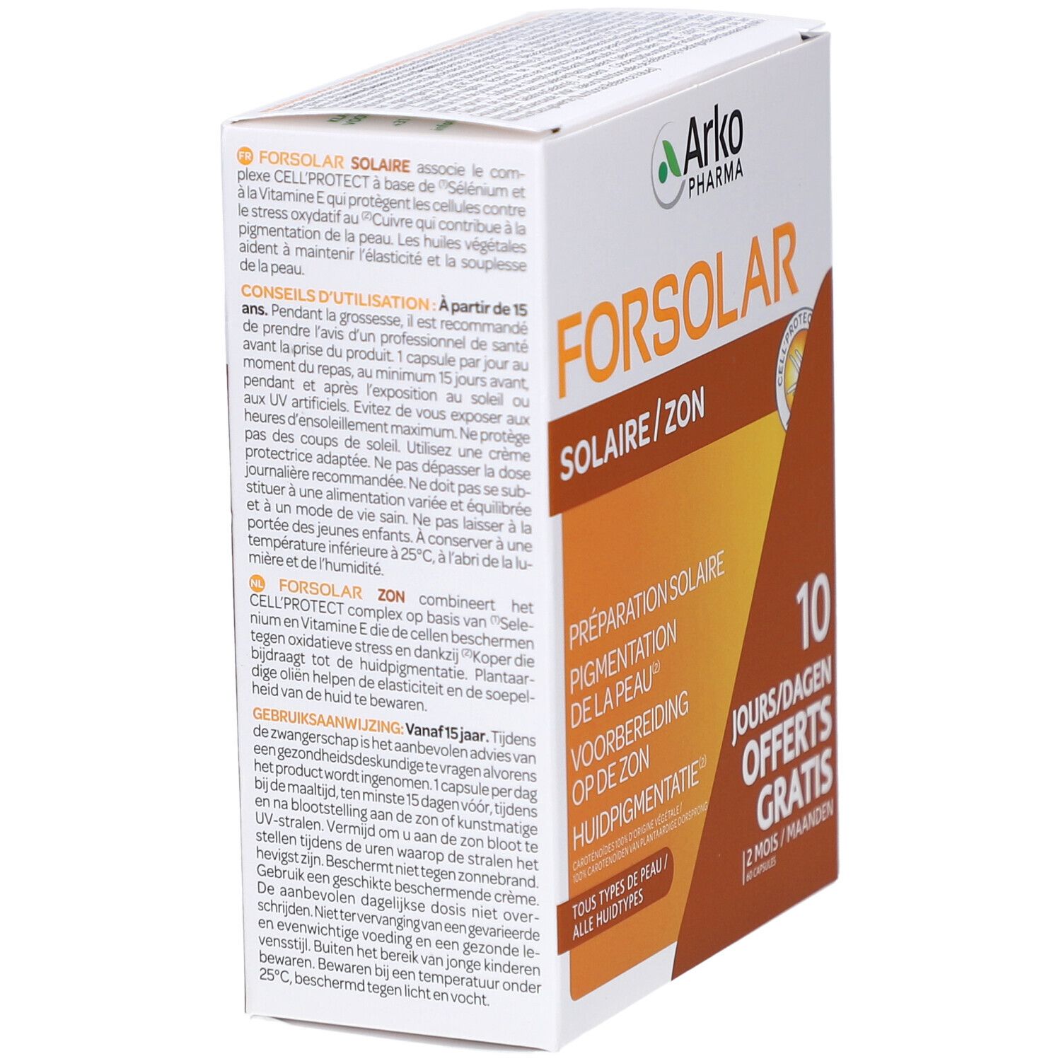 Verpakking FORSOLAR, wit en oranje. Tekst: Solaire/Zon, Voorbereiding, 10 dagen gratis. Merk: Arkopharma. Meertalige tekst.