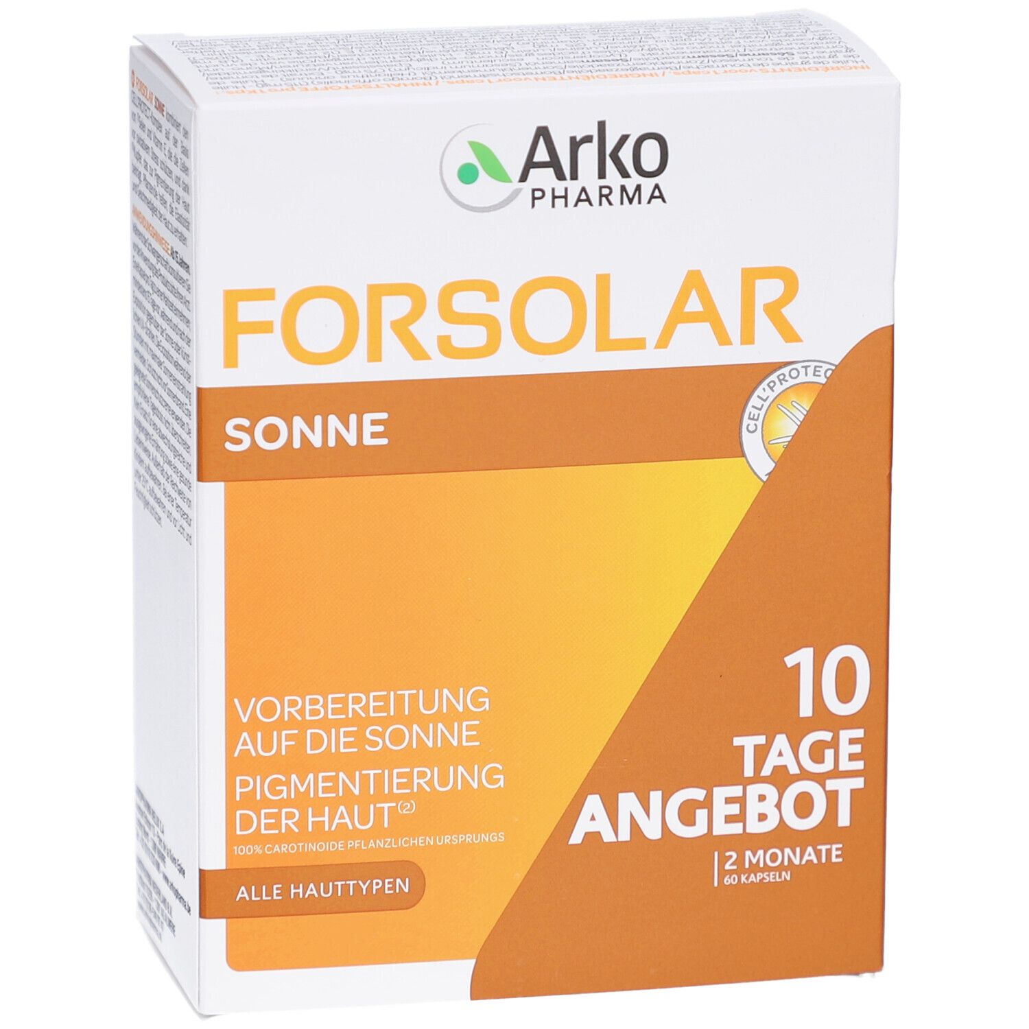 Witte en oranje doos FORSOLAR. Tekst: Zon, Voorbereiding op de zon, 10 dagen aanbieding, 60 capsules. Merk: Arkopharma.