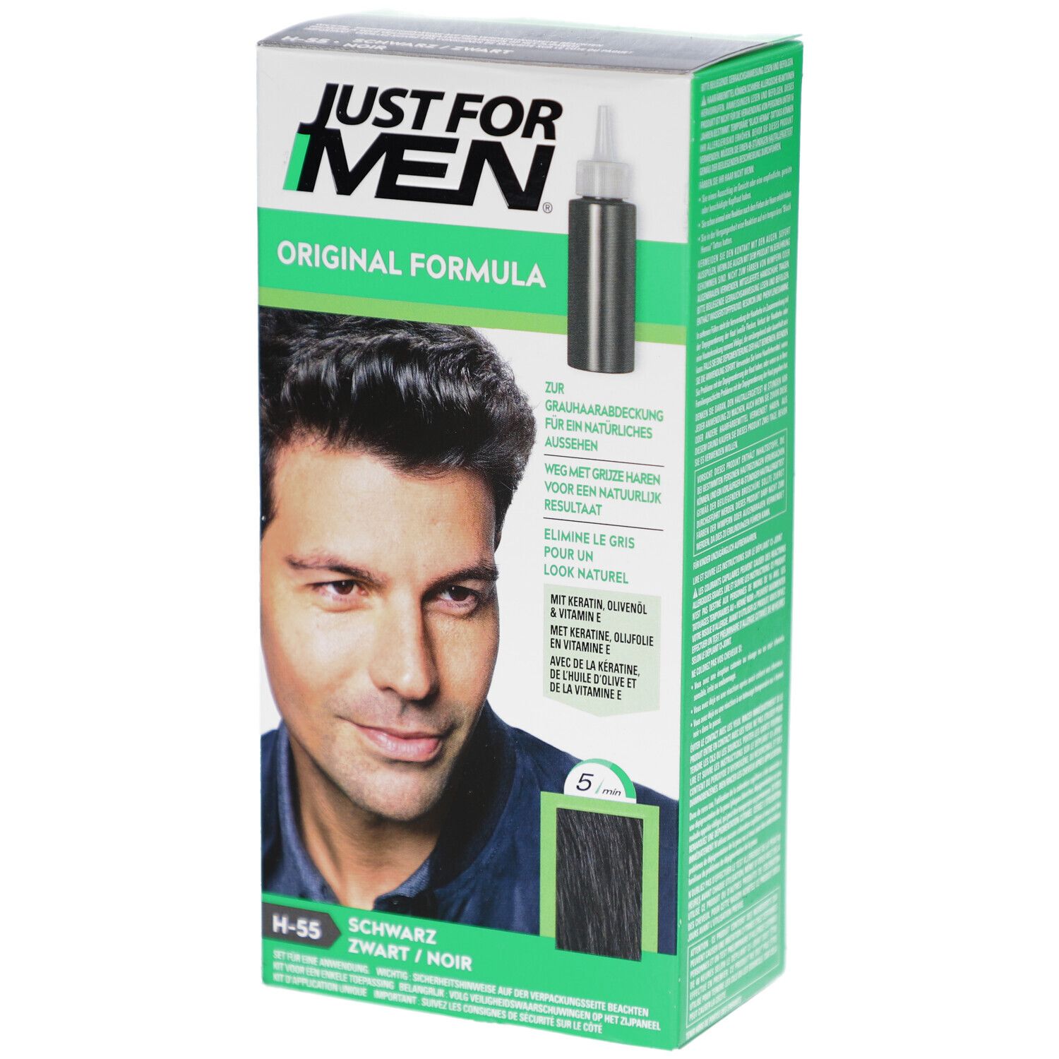 Boîte Just For Men, Original Formula, Noir H-55. Image d'un homme aux cheveux colorés. Contient une bouteille.