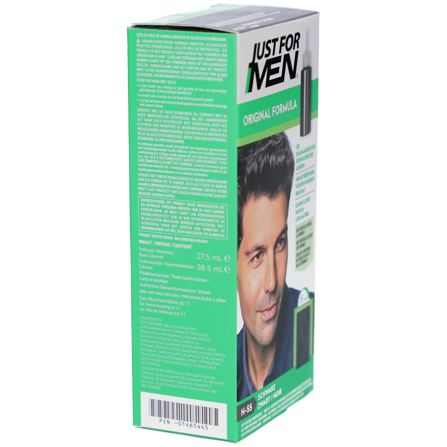 Côté de la boîte Just For Men. Texte: Original Formula, 27,5 ml, 38,5 ml. Code-barres et informations produit.
