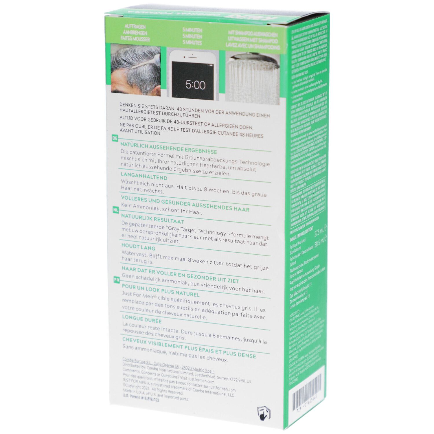 Dos de la boîte Just For Men. Texte: Instructions d'utilisation, ingrédients. Image avec horloge et cheveux.