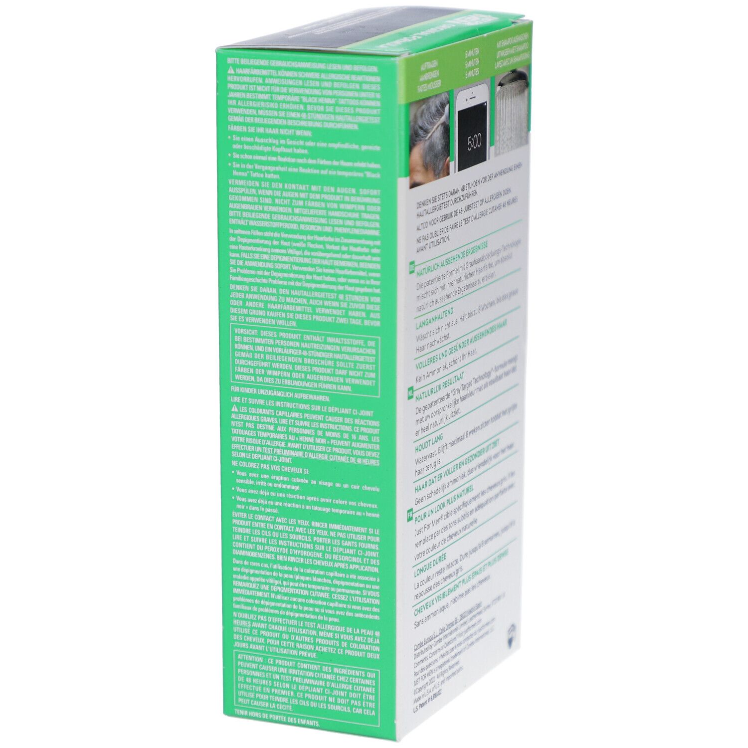 Côté de la boîte Just For Men. Texte: Instructions d'utilisation, ingrédients. Image avec horloge et cheveux.