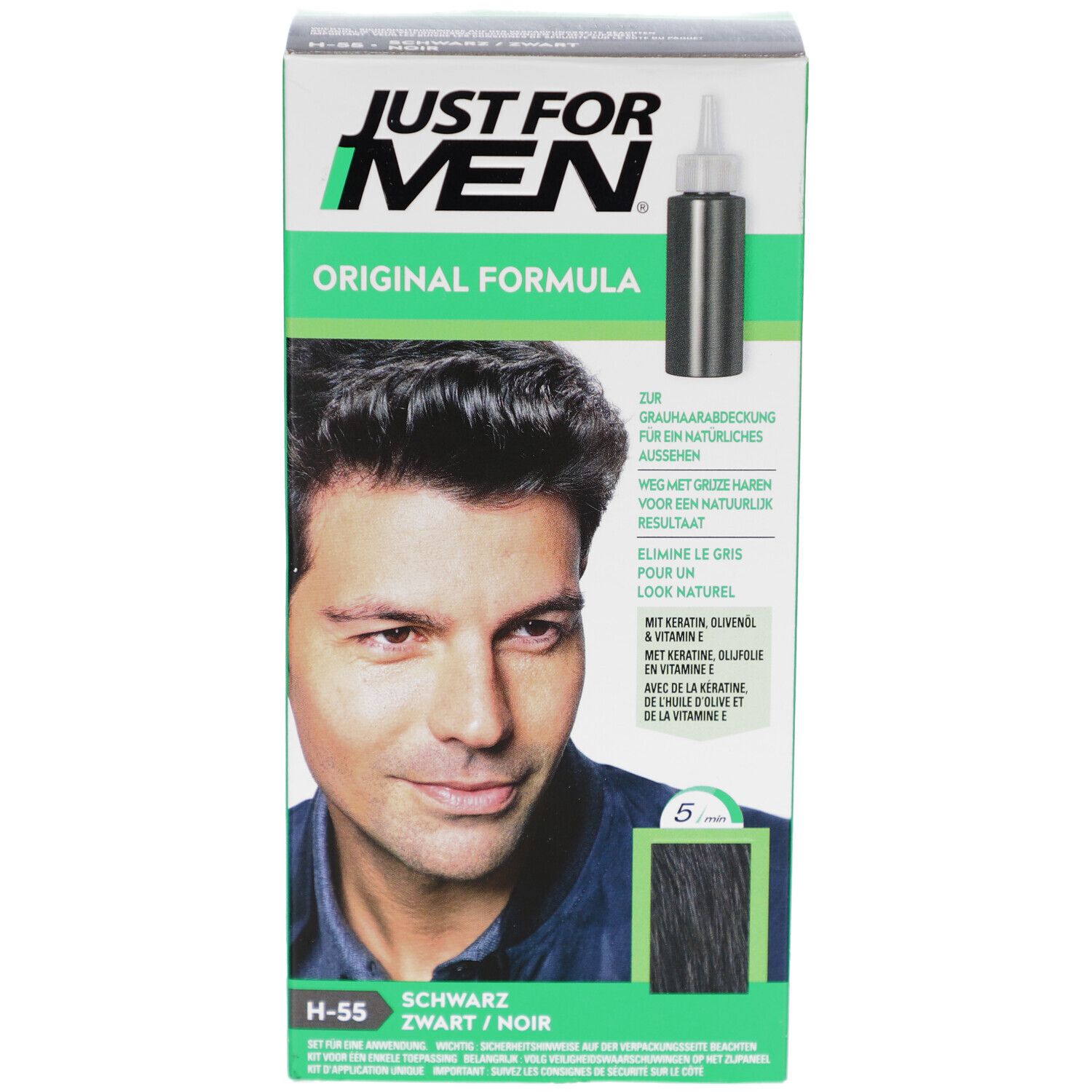 Boîte Just For Men, Original Formula, Noir H-55. Image d'un homme aux cheveux colorés. Contient une bouteille.