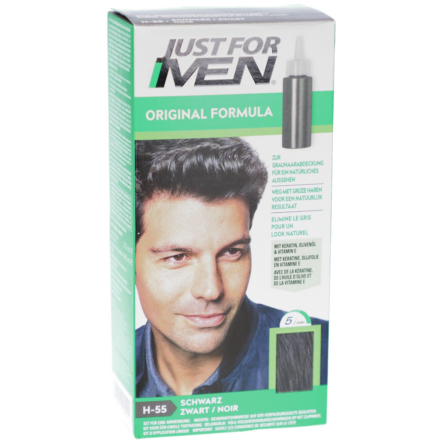 Boîte Just For Men, Original Formula, Noir H-55. Image d'un homme aux cheveux colorés. Contient une bouteille.