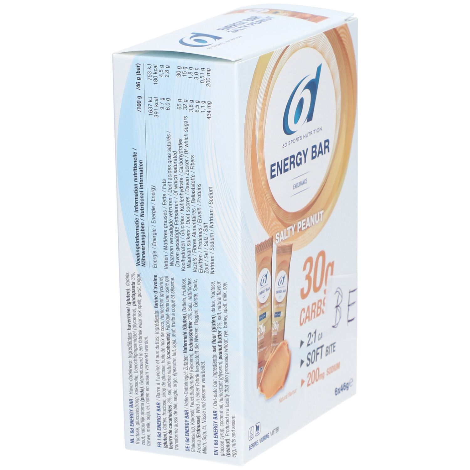Verpakking met 6 energierepen. Opschrift: 6D Sports Nutrition, Energy Bar, Salty Peanut, 30g koolhydraten. Voedingswaarde en ingrediëntenlijst.